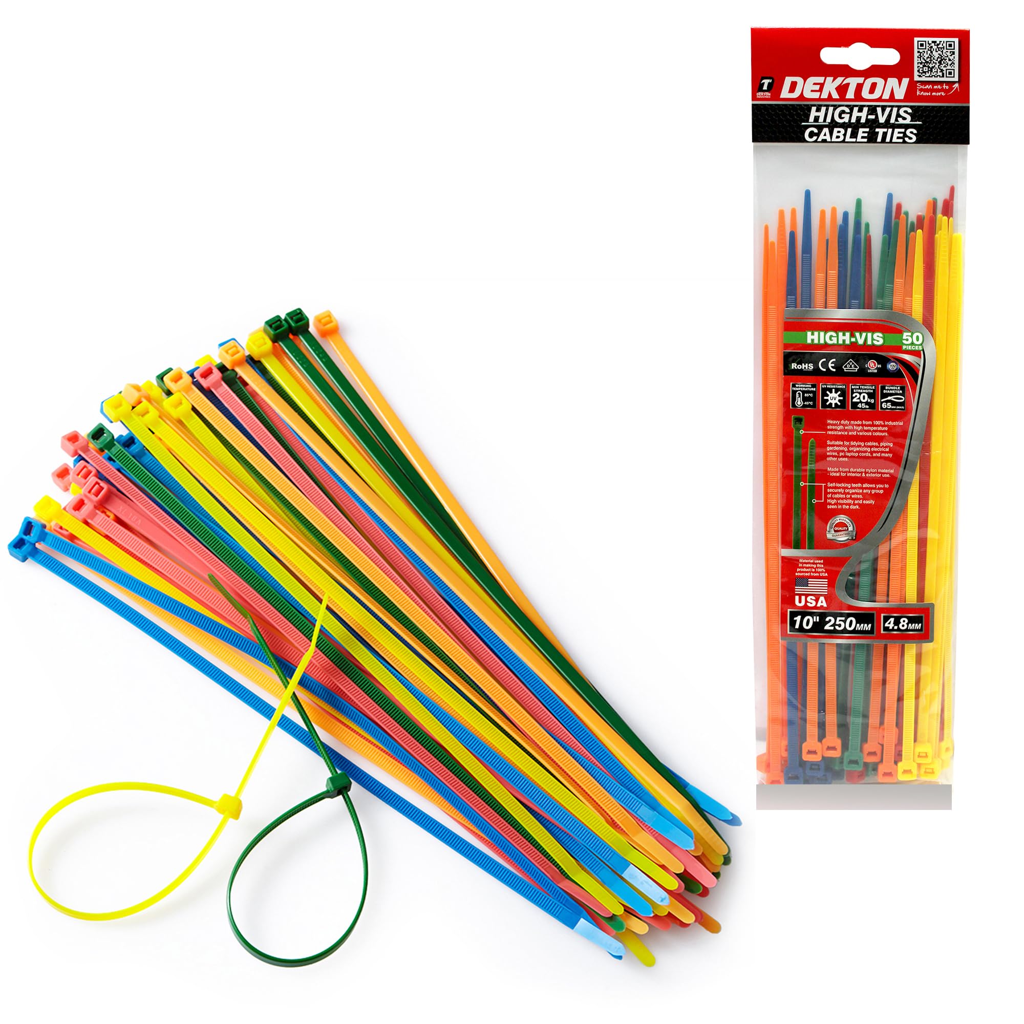 Dekton 50PC High VIS Cable Tie Set - Multicolor | Heavy Duty Industrial Strength | High Temperature Resistant | Self-Locking Teeth | Ideal for Cables, Piping, Gardening & Wires | Indoor & Outdoor Use