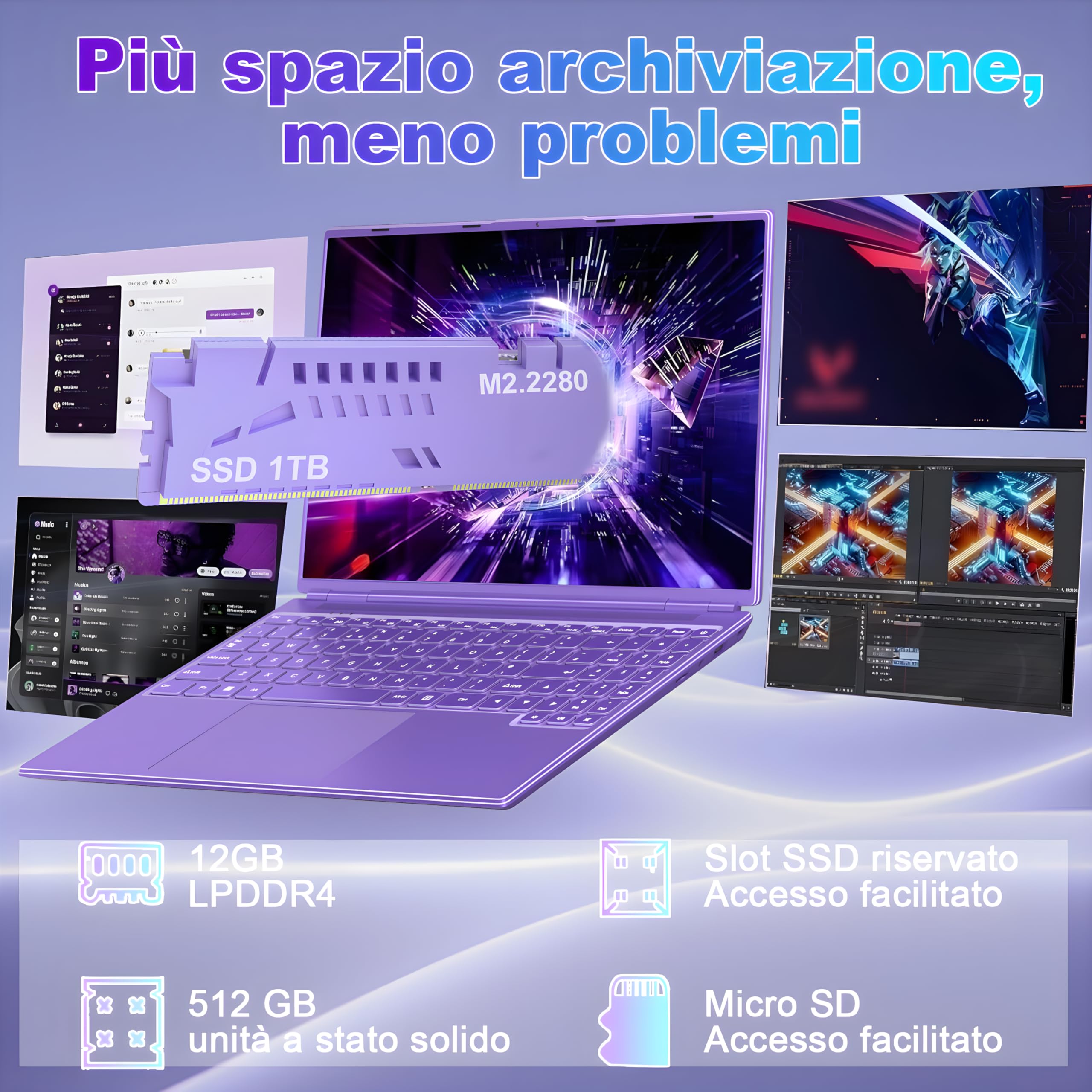 PC Portatile 16 Pollici Laptop Notebook Celeron N5095 (fino a 2.9Ghz), Win 11 Portatile 12+512GB 1TB SSD Espansione丨Ventola di Raffreddamento丨Supporto 5G WIFI丨1920 * 1200 2K Schermo Doppio-Viola