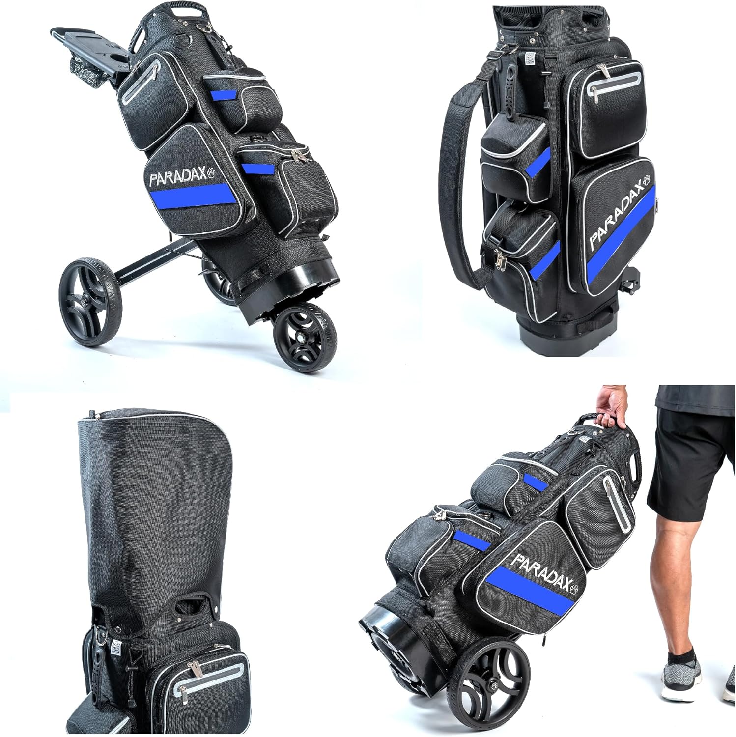 Paradax AI-1 All-in-One Golf Bag with Built-in 3-Wheel Push Cart Bundle | Includes Hood Cover and Bag Strap