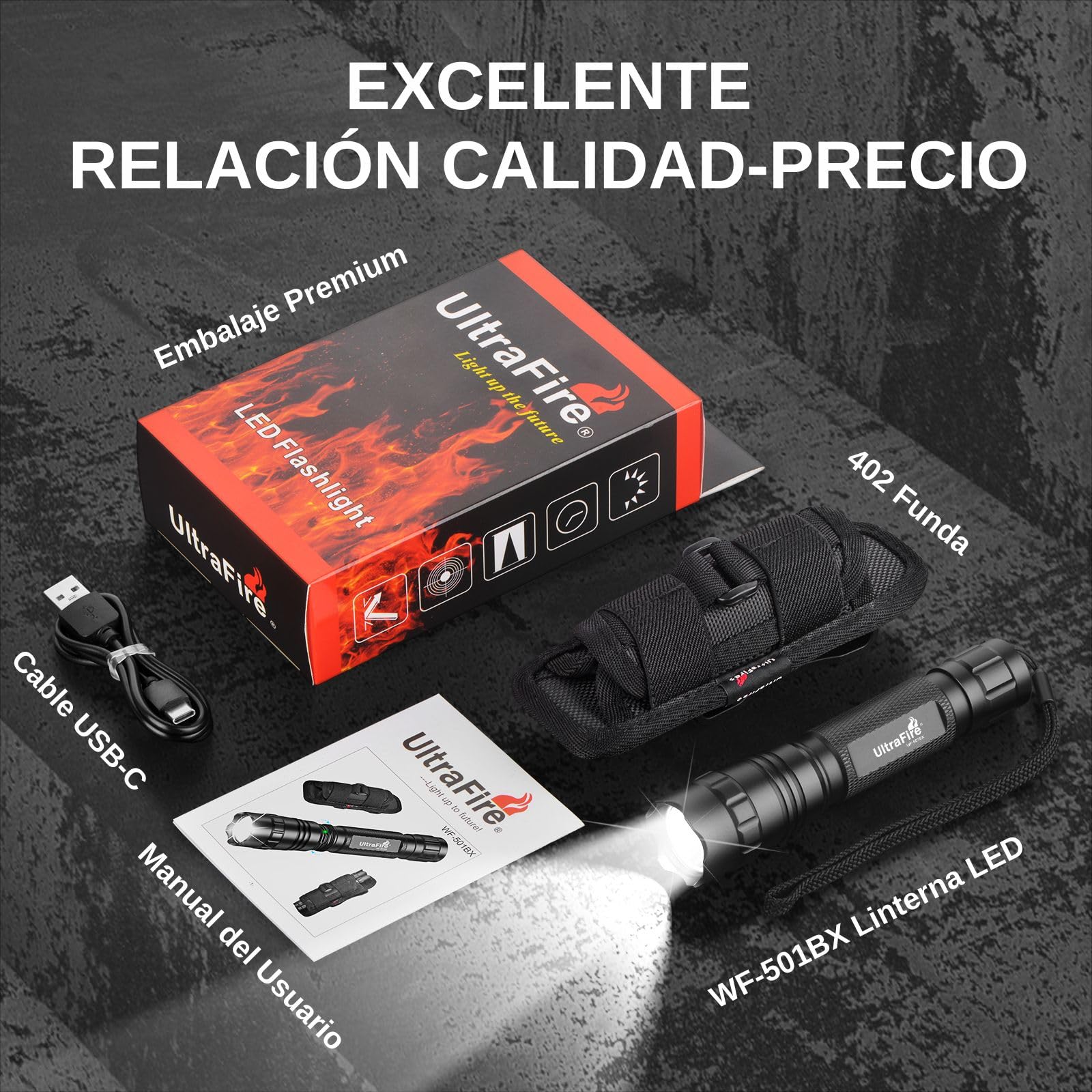 Ultrafire linterna táctica recargable con estuche, 1000 lúmenes lámpara de policía con estuche cinturón, 3 modos linterna LED para la seguridad, las fuerzas de la orden, patrulla, camping, WF-501BX