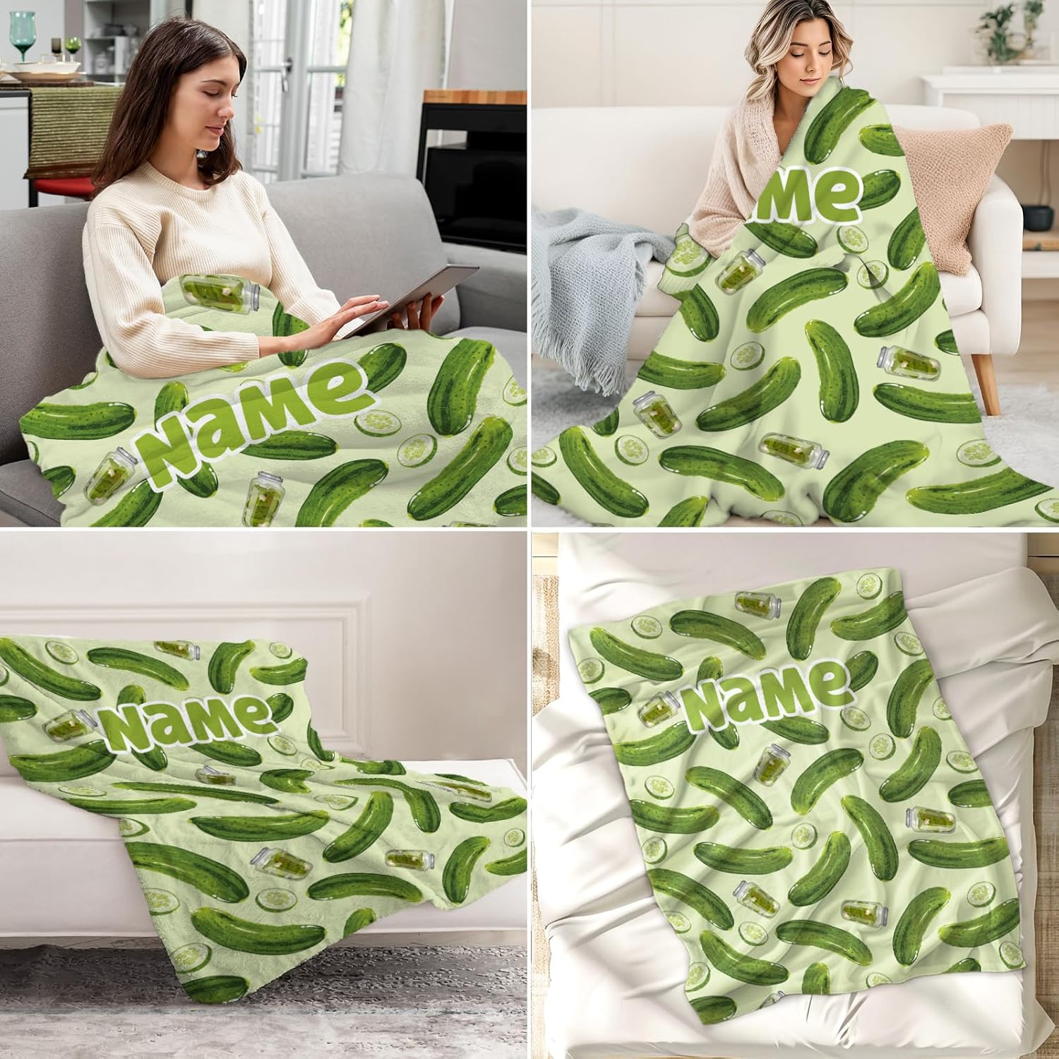Personalized Pickle Blanket for Girls, Boys, Women, Men - Soft, Fluffy - 50x60 Inches Throw Size Blanket for Bed, Couch - Green Funny Cozy Throws Gift with Name