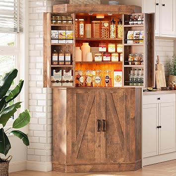 Jocoevol Corner Cabinet,71 Kitchen Pantry Storage Cabinet with 4 Doors and Shelves, Tall Food Pantry Storage Cabinet Farmhouse Furniture for Kitchen Dining Room, Brown