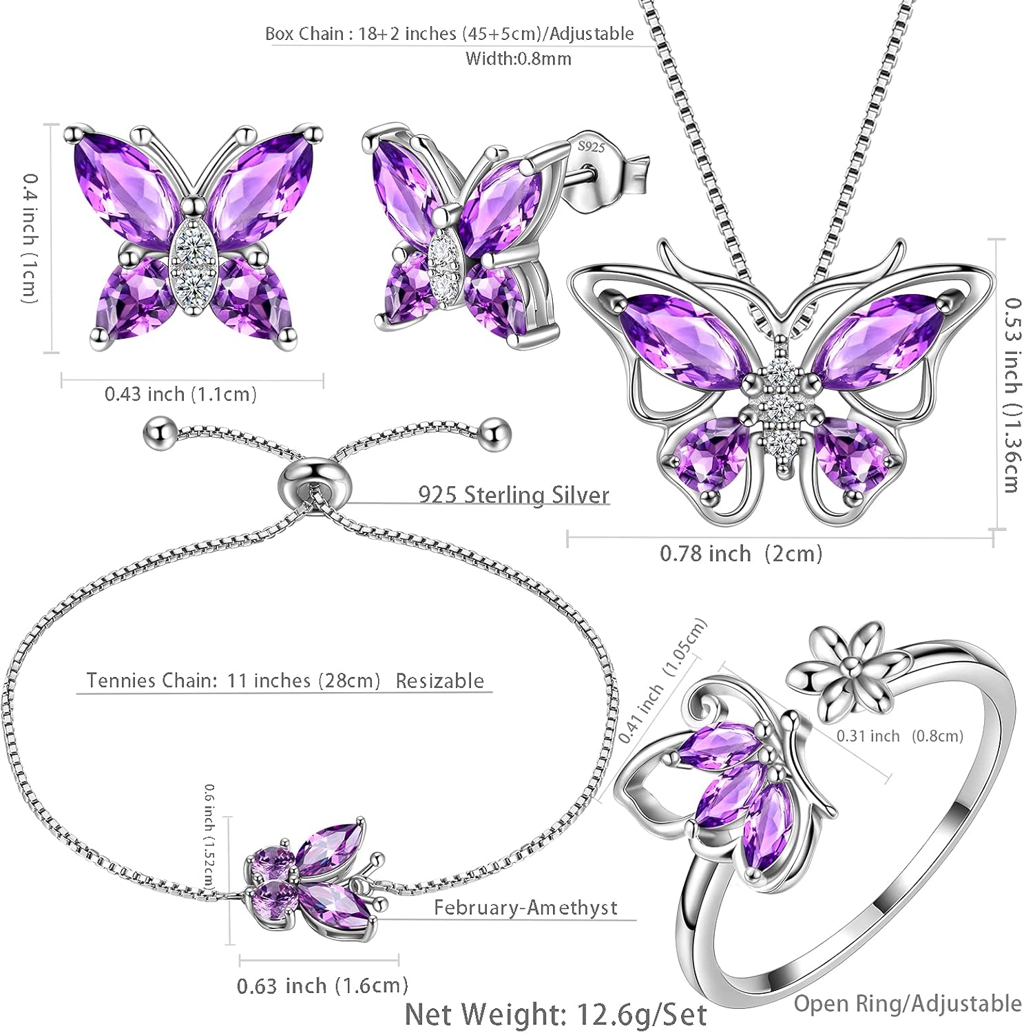 Aurora Tears Butterfly Jewelry,Women 925 Sterling Silver Butterflies Birthstone Pendant Necklace/Earrings/Rings Wedding Gift - Image 6