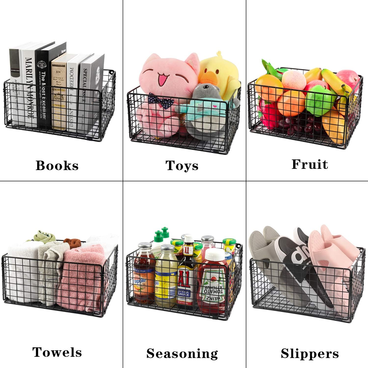 X-cosrack Foldable Cabinet Wall Mount Metal Wire Basket Organizer Pantry Basket with Handles - 6 Pack -12" x 9" X 6", Food Storage Mesh Bin for Kitchen Bathroom Laundry Closet Garage Patent Design
