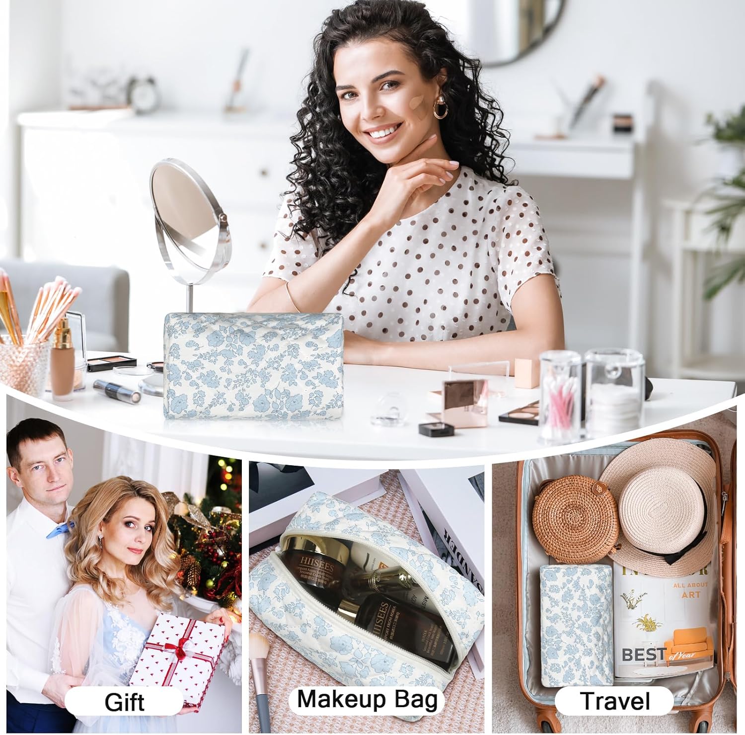 Floral Makeup Bag, Cute Cosmetic Bag for Women Girls, Quilted Cotton Make up Pouch, Travel Makeup Bags, Portable Storage Toiletry Organizer Bag(Blue Floral) - Image 6