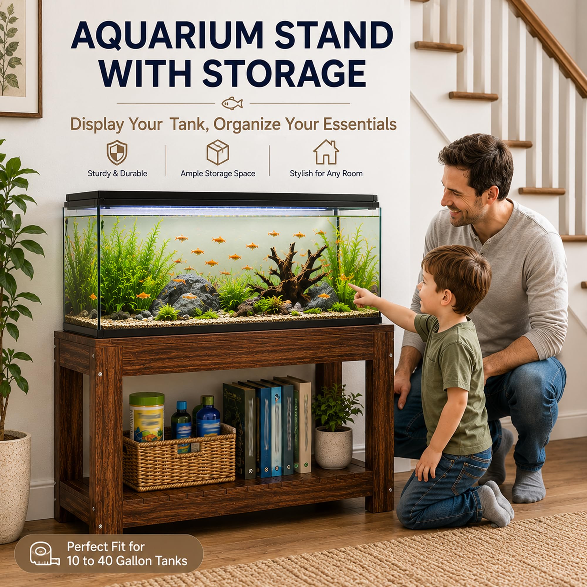 Supporto per Acquario con Ripiano, Portata 500 kg, Legno Massello | Mobile Robusto per Acquari, Terrari e Recinti per Rettili(Carbonized color,70×35cm / 27.6×13.8in)