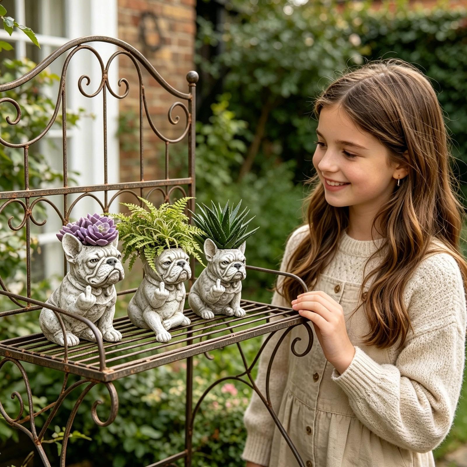 Pot de fleurs amusant en forme de bouledogue français, pot de fleurs créatif en résine, décoration de jardin, statue de chien, pot pour plantes d'extérieur (blanc_D)