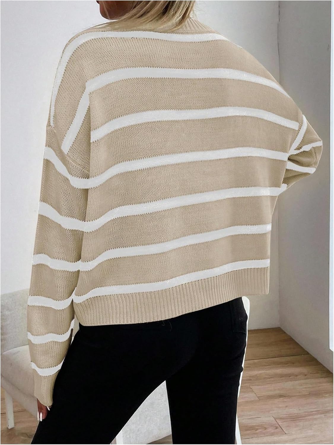 GORGLITTER Women's Striped Drop Shoulder Sweater Oversized Crew Neck Knit Sweaters Pullover Top