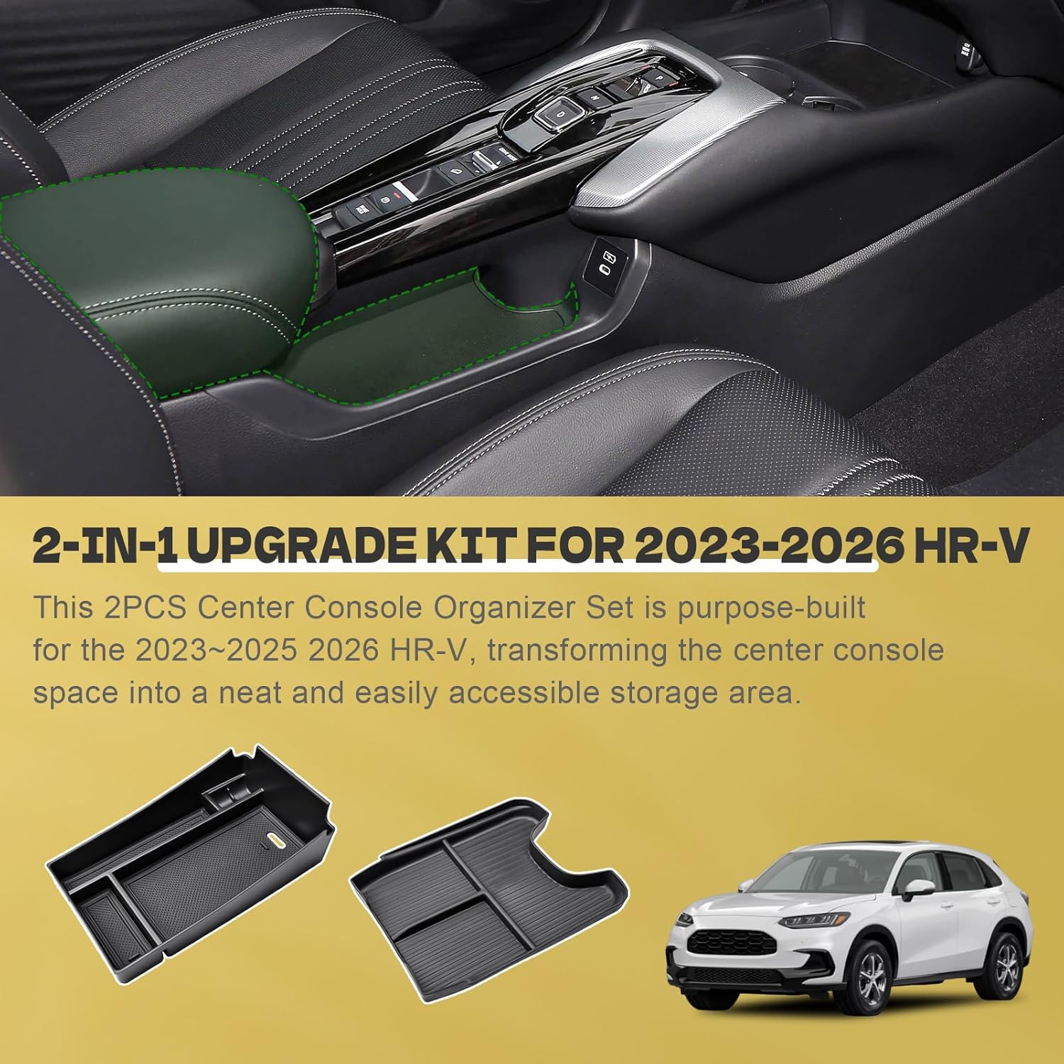 2023-2026 HR-V Center Console Organizer Tray Compatible with Honda HRV 2026 2025 2024 2023 Accessories, 2PCS Custom-Fit ABS Armrest Storage Box & TPE Lower Console Organizer Divider Compartment