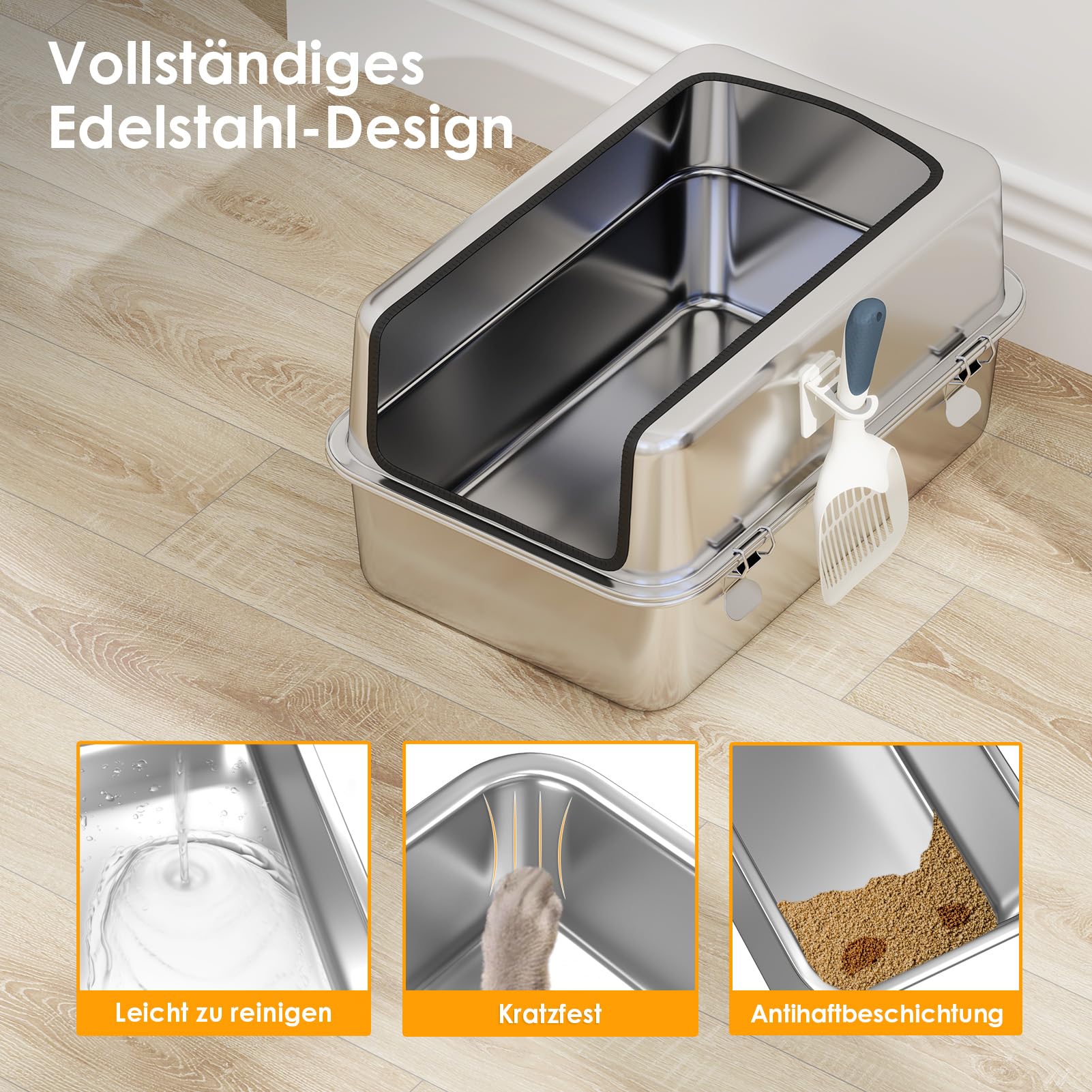 Youyijia XXL Katzentoilette Edelstahl, 30L Katzentoilette mit spritzwassergeschützt Deckel, großem Metall-Streubehälter, Streumatte und Streuschaufel, große und mittelgroße Katzen, 59,5 x 39,5 x 30 cm
