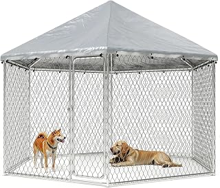 6.8x6.8 FT Extra Large Outdoor Dog Kennel Outside, Heavy Duty Outdoor Dog Enclosure with Waterproof Cover and Security Lock, Galvanized Wire Mesh Hexagonal Dog Cage for Large Dogs