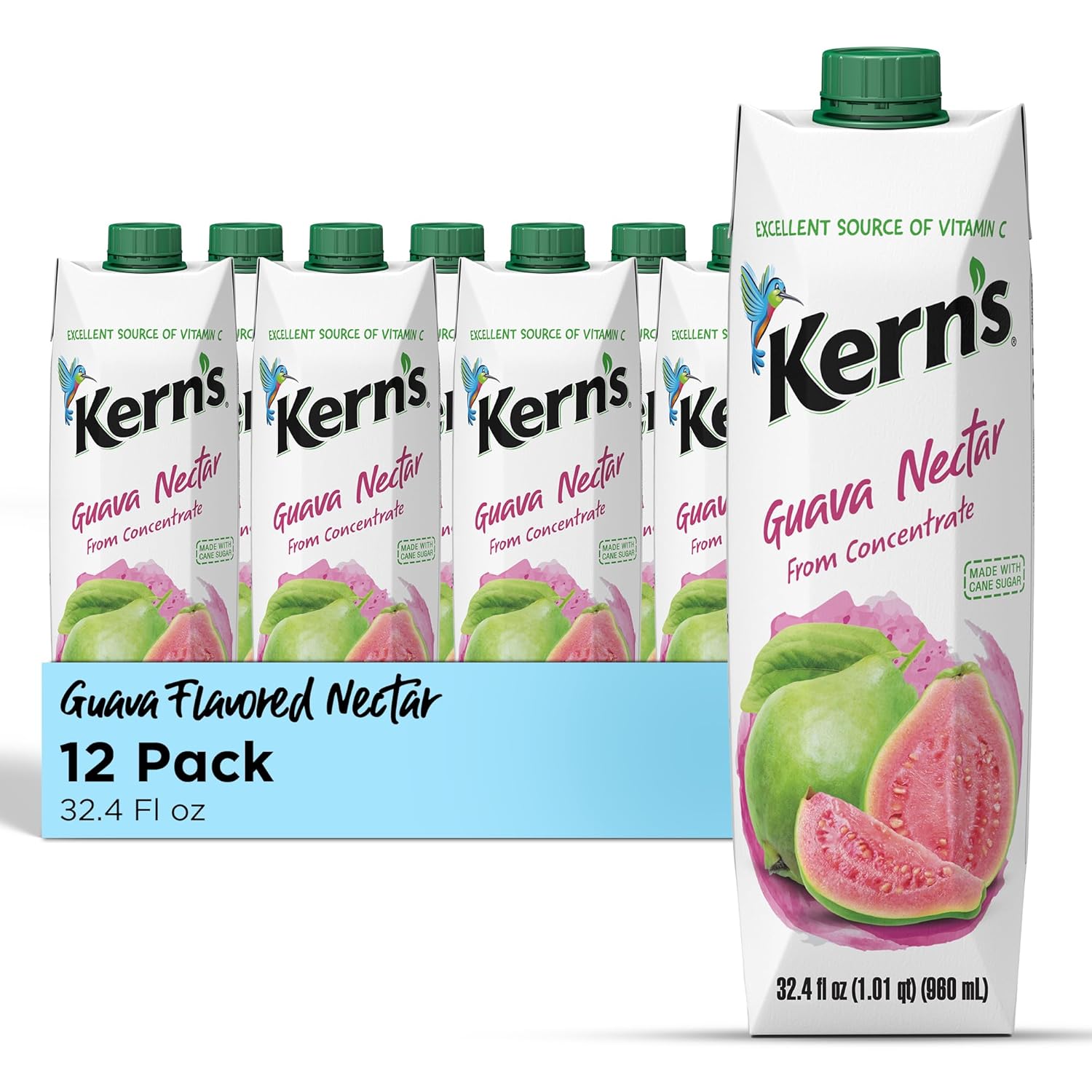 Kern’s Guava Juice Nectar 12-Pack 32.4oz Cans - Fresh Fruit Puree Tropical Nectar for Smoothies, Cocktails, Kids Drinks & Mexican Recipes