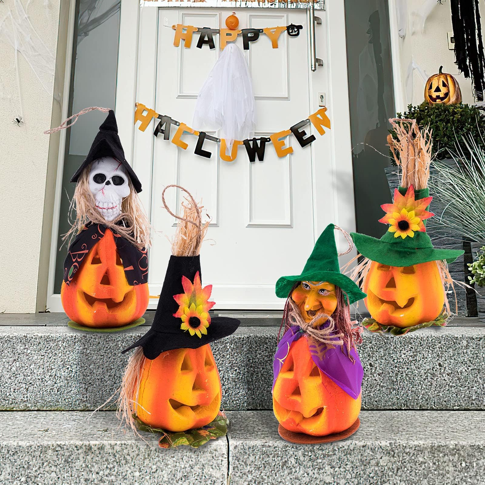 4 Pack Halloween Pumpkin Decorations, Light Up Foam Pumpkin Jacko Lanterns Decorative Desk Lamp for Halloween House Party Decoration Props