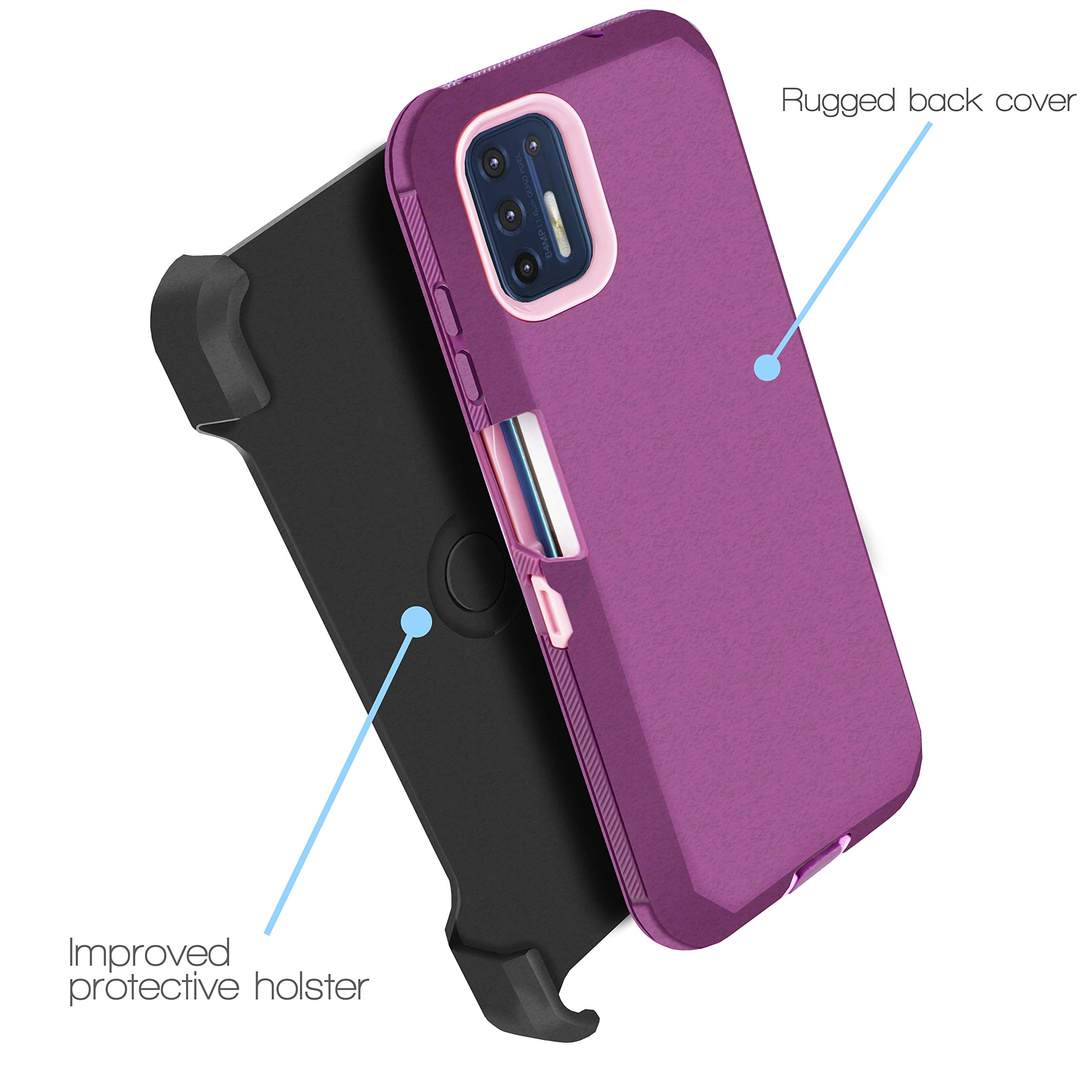 Customerfirst Compatible with Motorola G9 Plus [Built-in Screen Protector] Holster Belt Swivel Clip Kickstand Heavy Duty Case (Wine), 6.4 inch