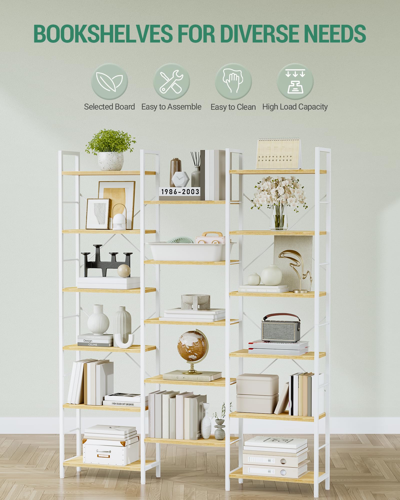 Hzuaneri Librería, Estanteria Libros con 17 Estantes, Espacio Ajustable, 24 × 152 × 186 cm, para Salón, Oficina, Roble Blanco y Blanco BC10116W