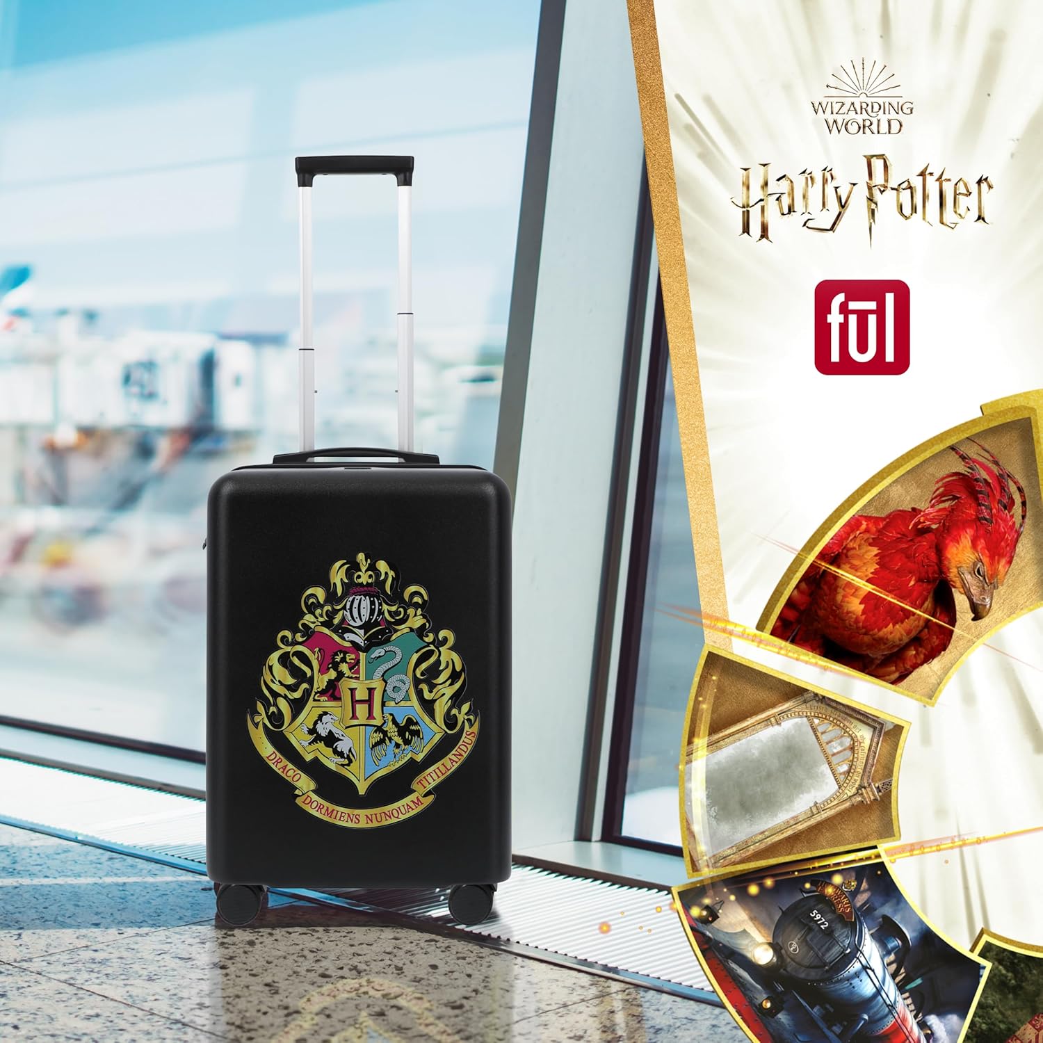FUL Harry Potter 22.5 Inch Carry On Luggage, Hogwarts Crest Hardshell Rolling Suitcase with Spinner Wheels, Black