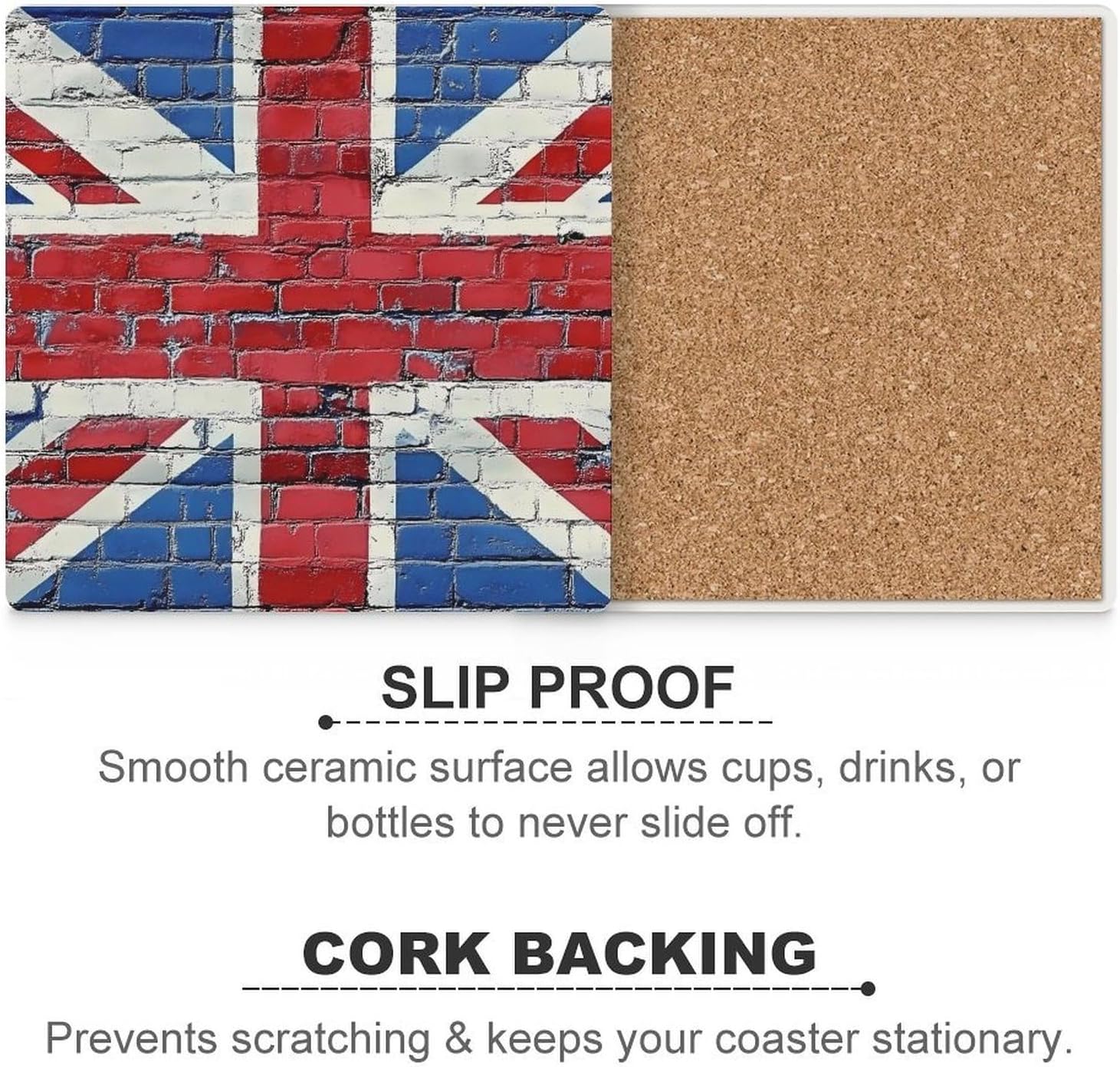 UK English Flag Brick Wall Funny Ceramic Coasters for Drink Absorbent Cup Holders Tabletop Protection