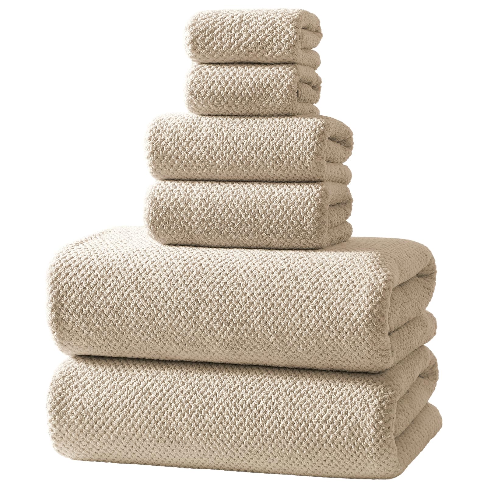 REDKISS Towel Set of 6- Extra Large Microfibre Bathroom Towel Set, 2 Bath Towels, 2 Hand Towels, 2 Washcloths, Super Soft, Absorbent and Quick Dry Towels for Bathroom, Gym, Spa & Hotel - Camel