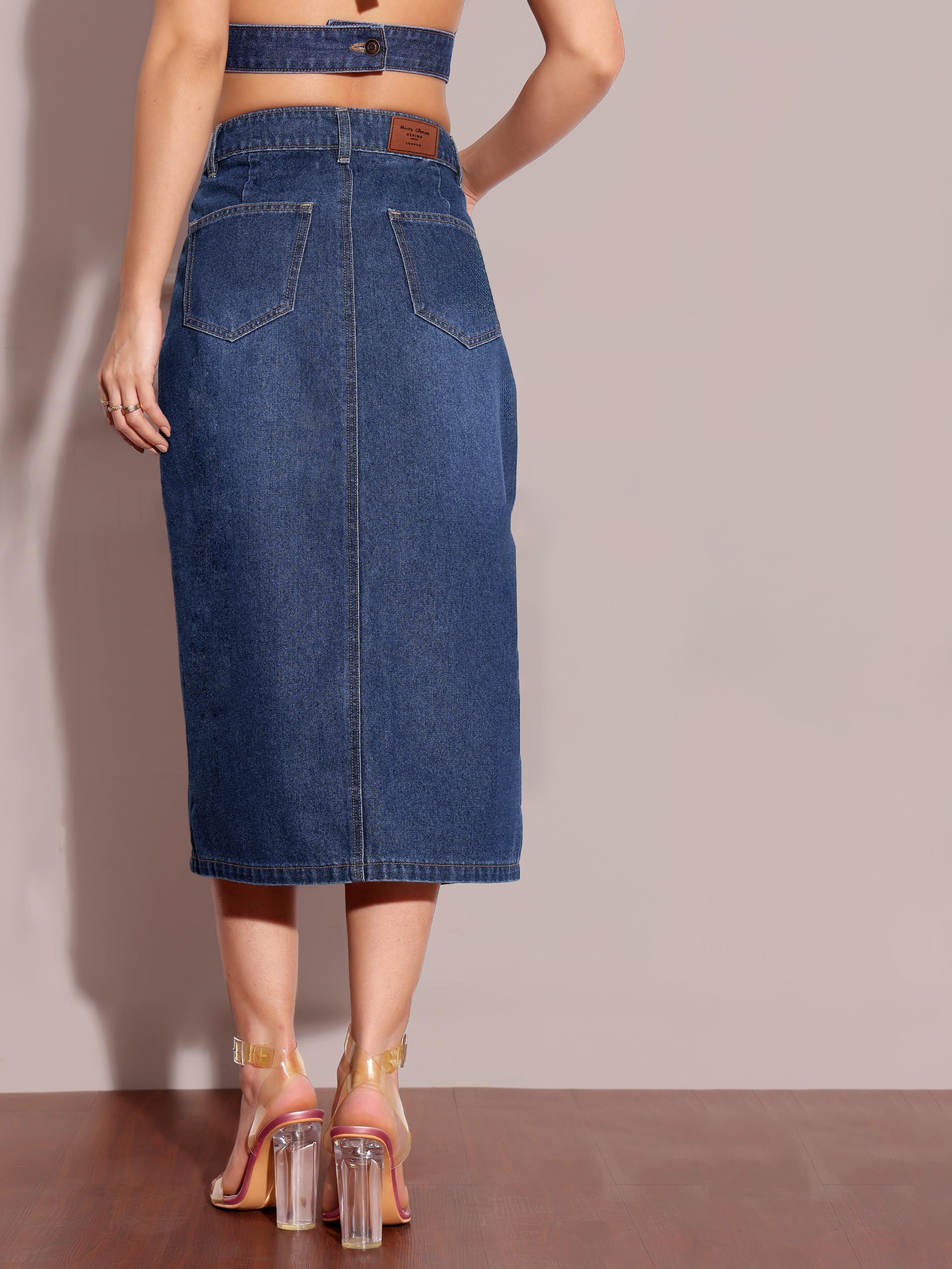Miss Chase Gonna midi da donna in denim non elasticizzato a vita alta