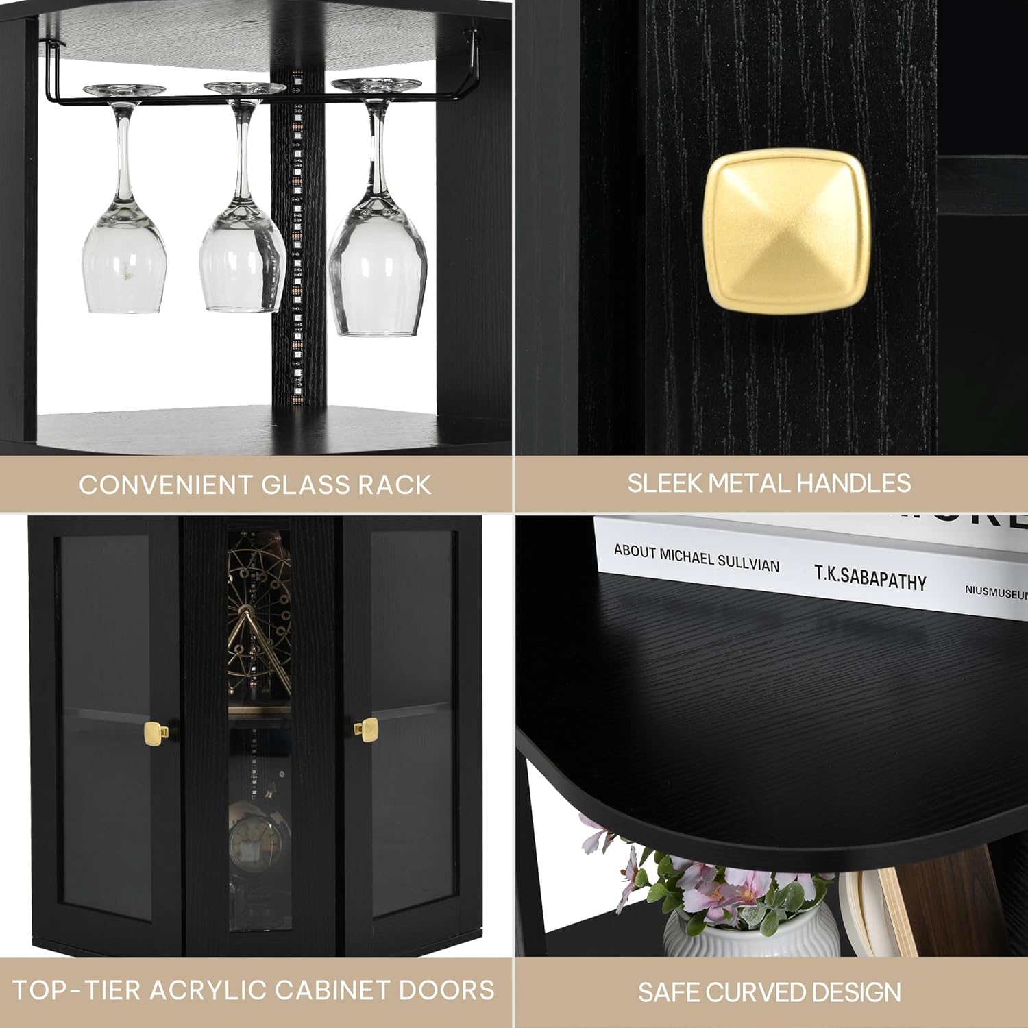 YITAHOME Corner Wine Cabinet with LED Lights & Glass Holder, Corner Bar Cabinet with Tempered Glass Door & Adjustable Shelves, Liquor Bar Rack Cabinet for Living Room, Dining Room, Kitchen, Black