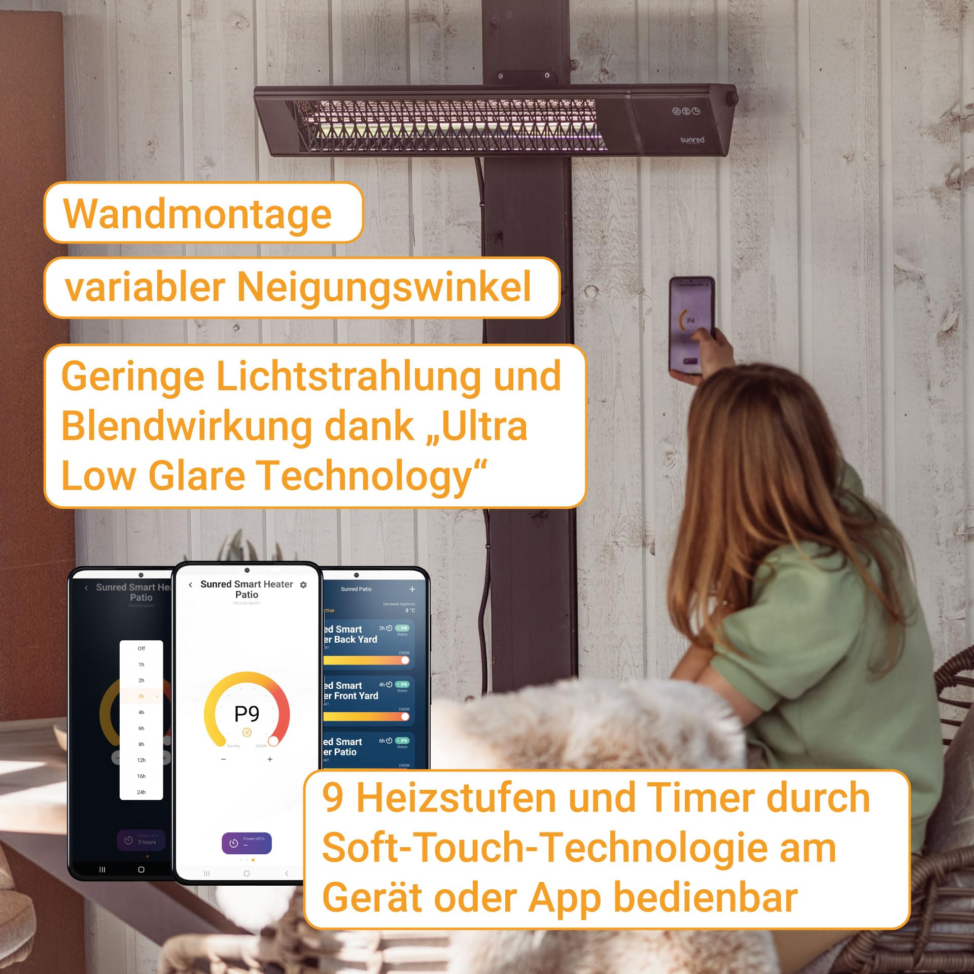 SUNRED Infrarot-Wandheizstrahler Triangle Dark Smart 2500 W Terasse mit Steuerung per W-LAN & App (iOS & Android) - 9 Heizstufen und Timer - Fernbedienung Terrassenheizstrahler außen Wandmontage