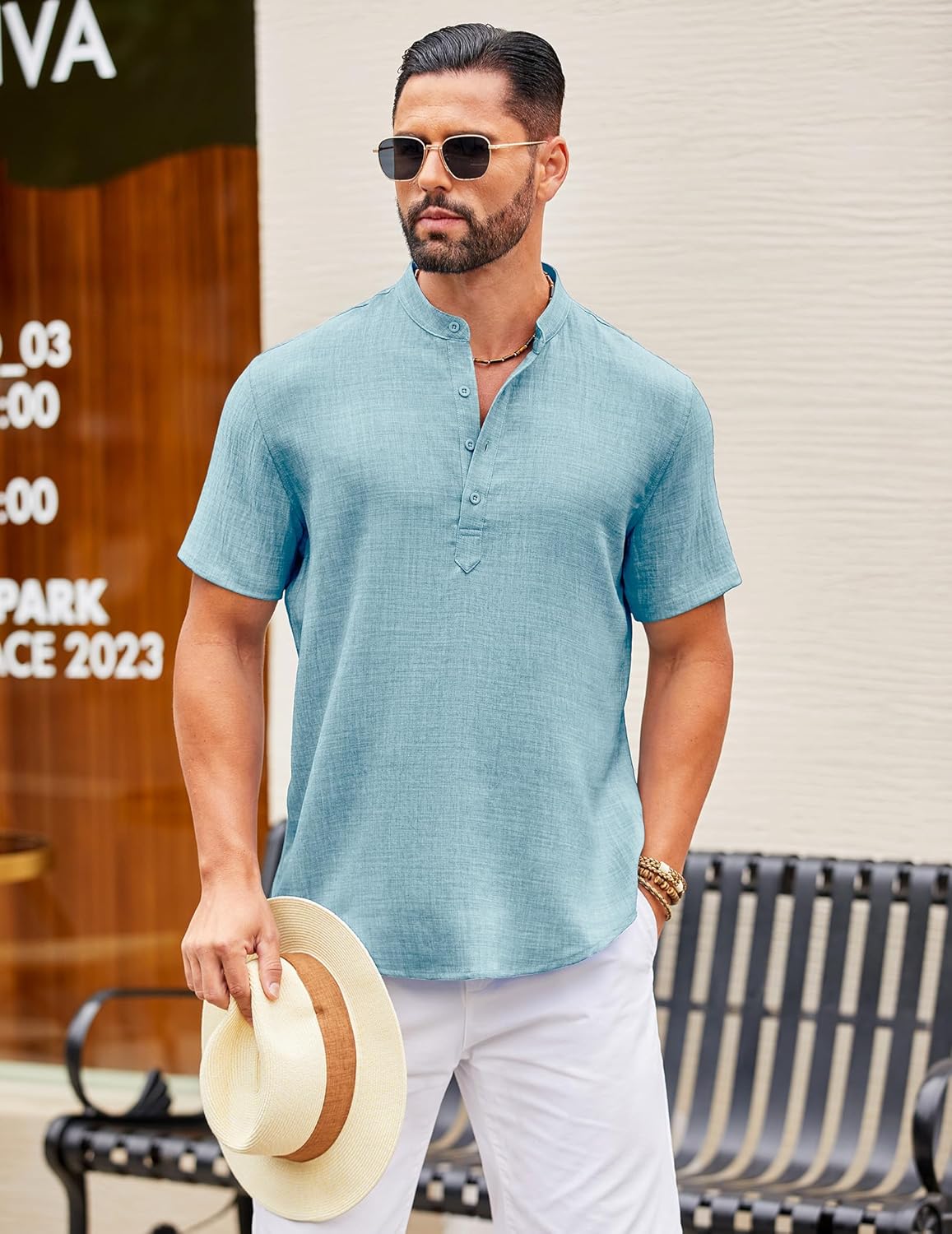 COOFANDY Men's Casual Henley Shirt Short Sleeve Summer Shirts Linen Band Collar Summer Beach Hippie T-Shirts - Image 2