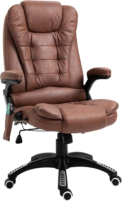 Vinsetto Massage Office Chair Recliner Ergonomic Gaming Heated Home Office Padded Microfiber Cloth & Swivel Base Brown
