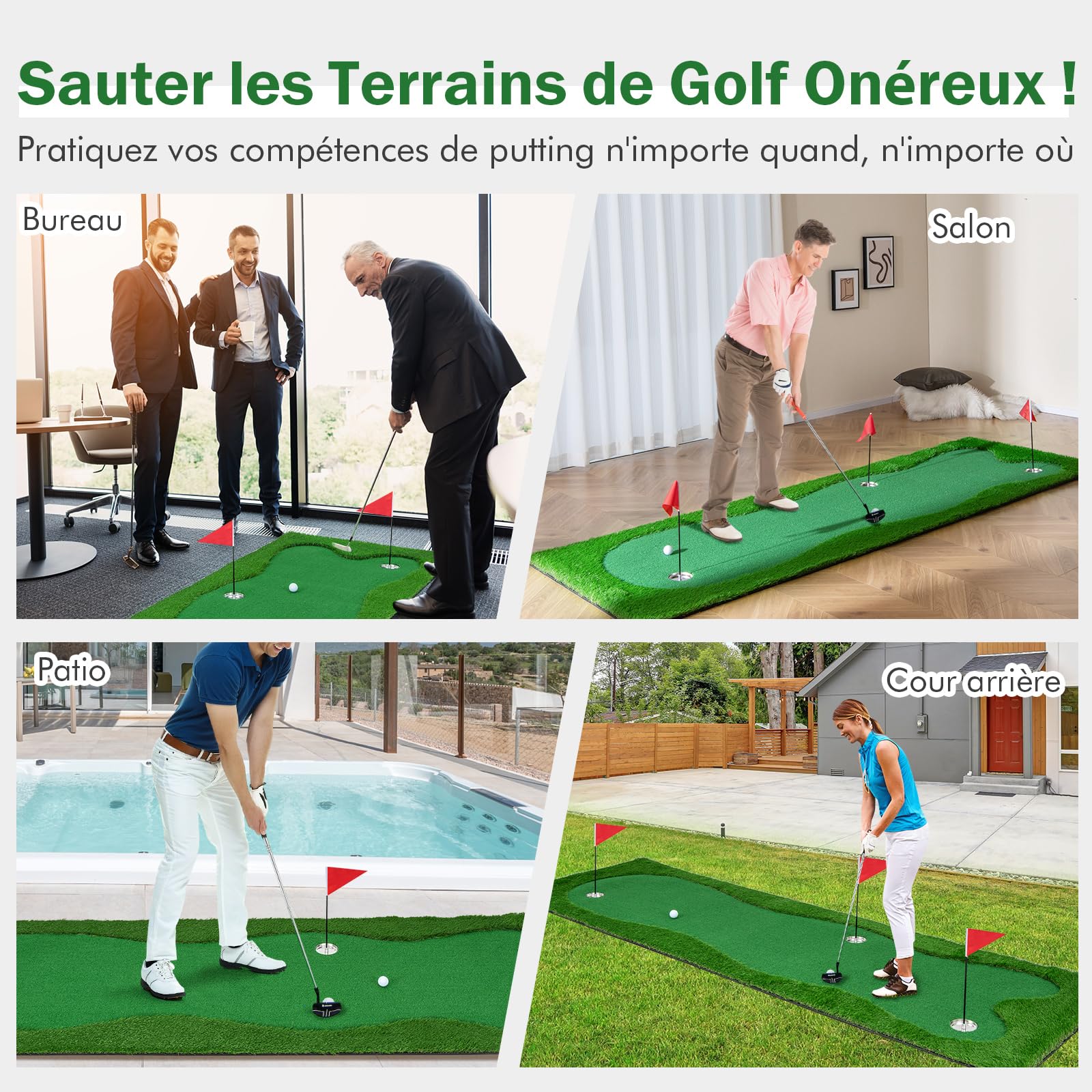 COSTWAY Tapis de Frappe de Golf 300 x 100 cm, Tapis d'Entraînement de Golf avec Pelouse Artificielle 3 Trous 3 Drapeaux Gobelets, Green de Putting de Golf pour Intérieur & Extérieur