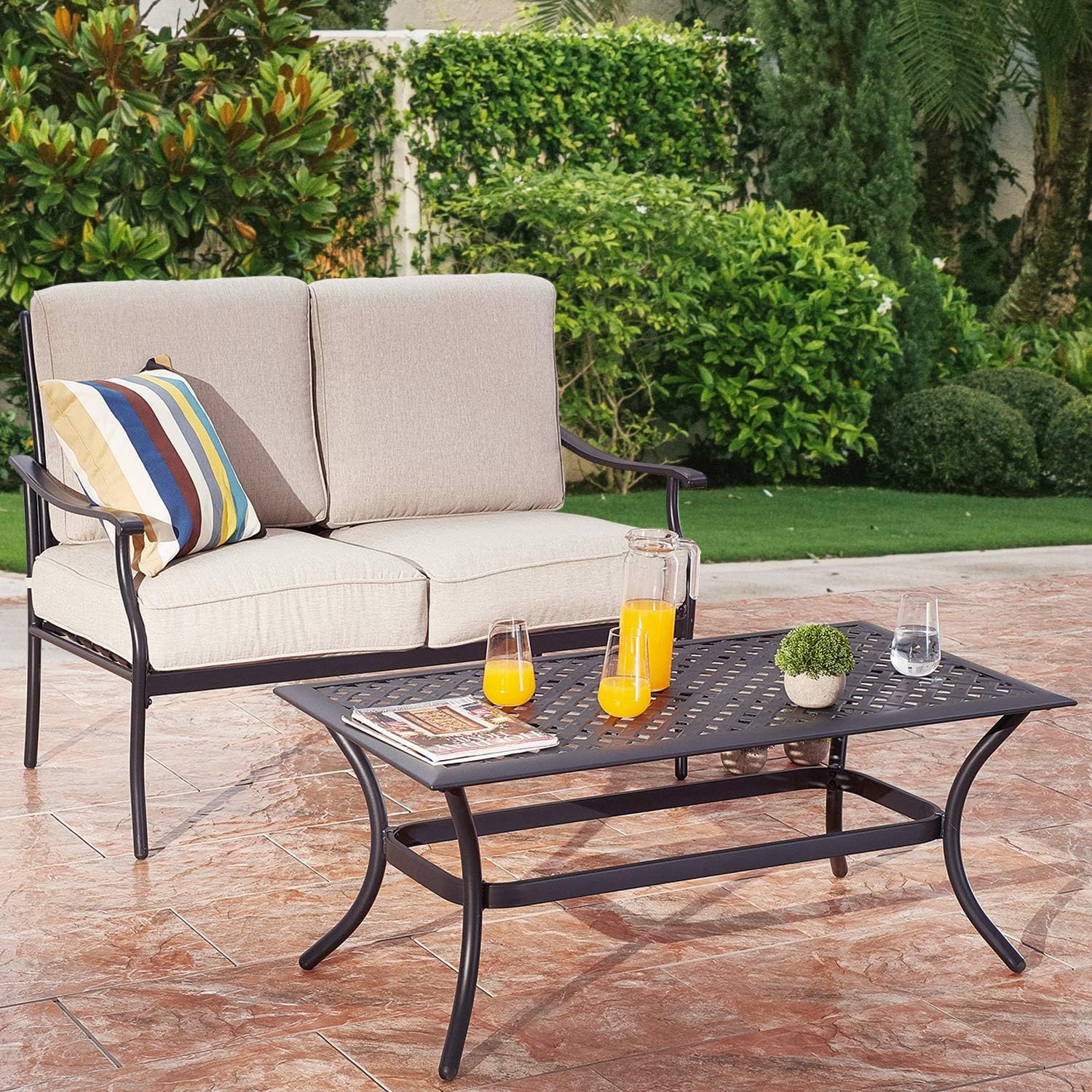 PatioFestival Patio Loveseat 2-Person Cushioned Outdoor Sofa Bench with Coffee Table All Weather Steel Fram…