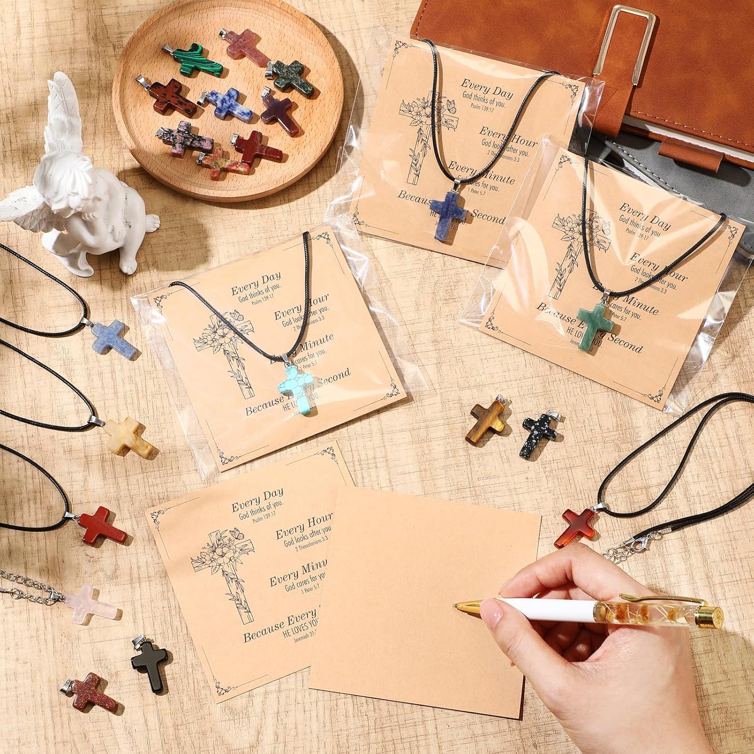 Christian Cross Charms for Jewelry Making Natural Stone Cross Gemstone Pendant Quartz Crystal Charm with Leather Chain and Card for DIY Necklace Earring Bracelet Gifts