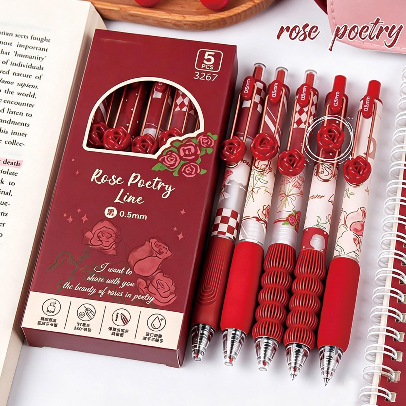 MOZXIRZ 5 penne a inchiostro gel retrattili, graziose penne estetiche a forma di fiore, 0,5 mm, penne a inchiostro nero, penne per scrittura per donne e ragazze, penne per ufficio e scuola (rosso)