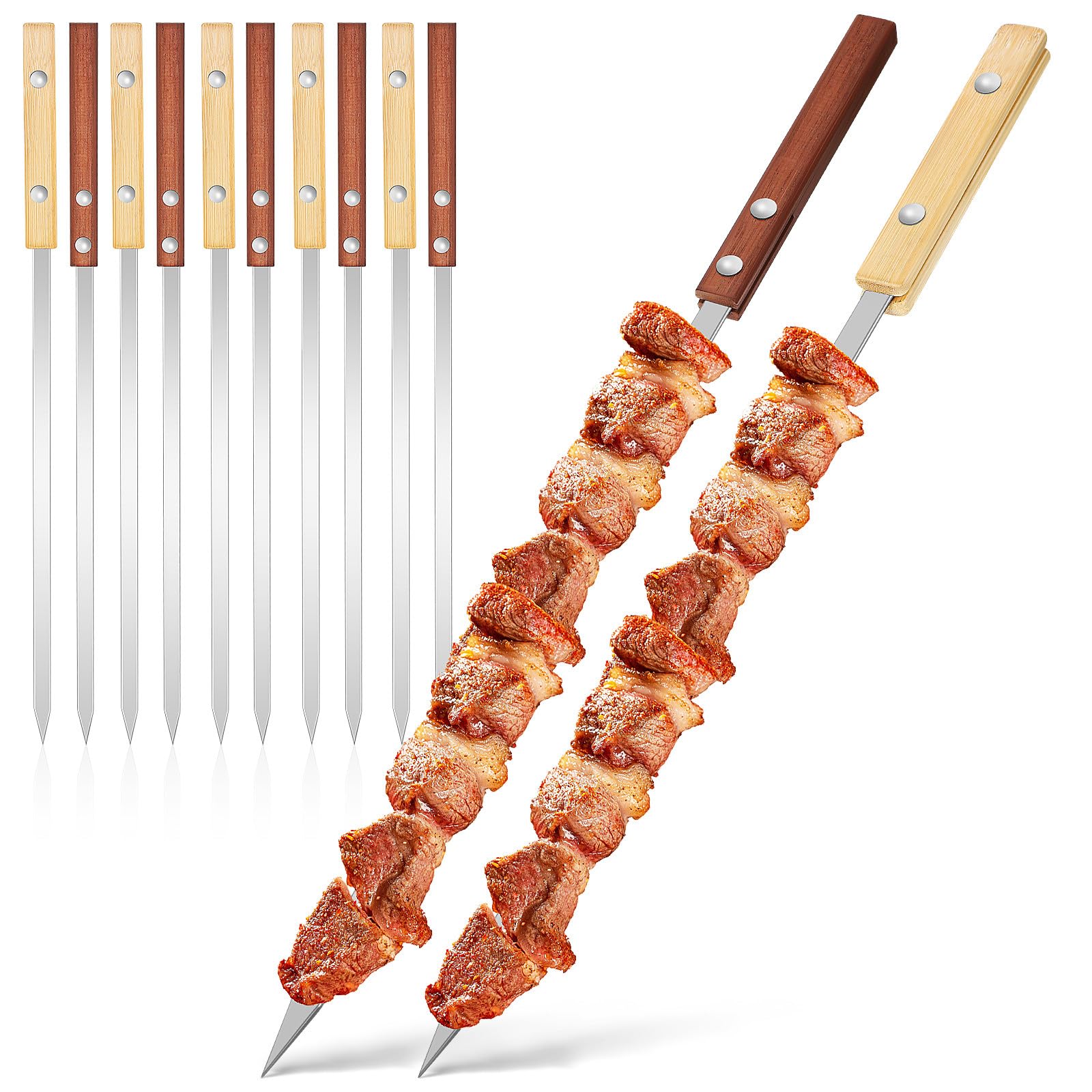 Abaodam 12 Spiedini per Barbecue in Acciaio Inox con Manico in Legno Rosso e Bamboo, Bastoncini per Griglia Portatile 40cm, Accessori per Grigliate All’aperto per Campeggio e