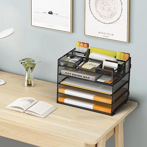 Miniatura 6 de Bandeja de papel de 5 niveles con 3 soportes para bolígrafos, organizador de archivos de escritorio de malla con asa, organizadores de escritorio y