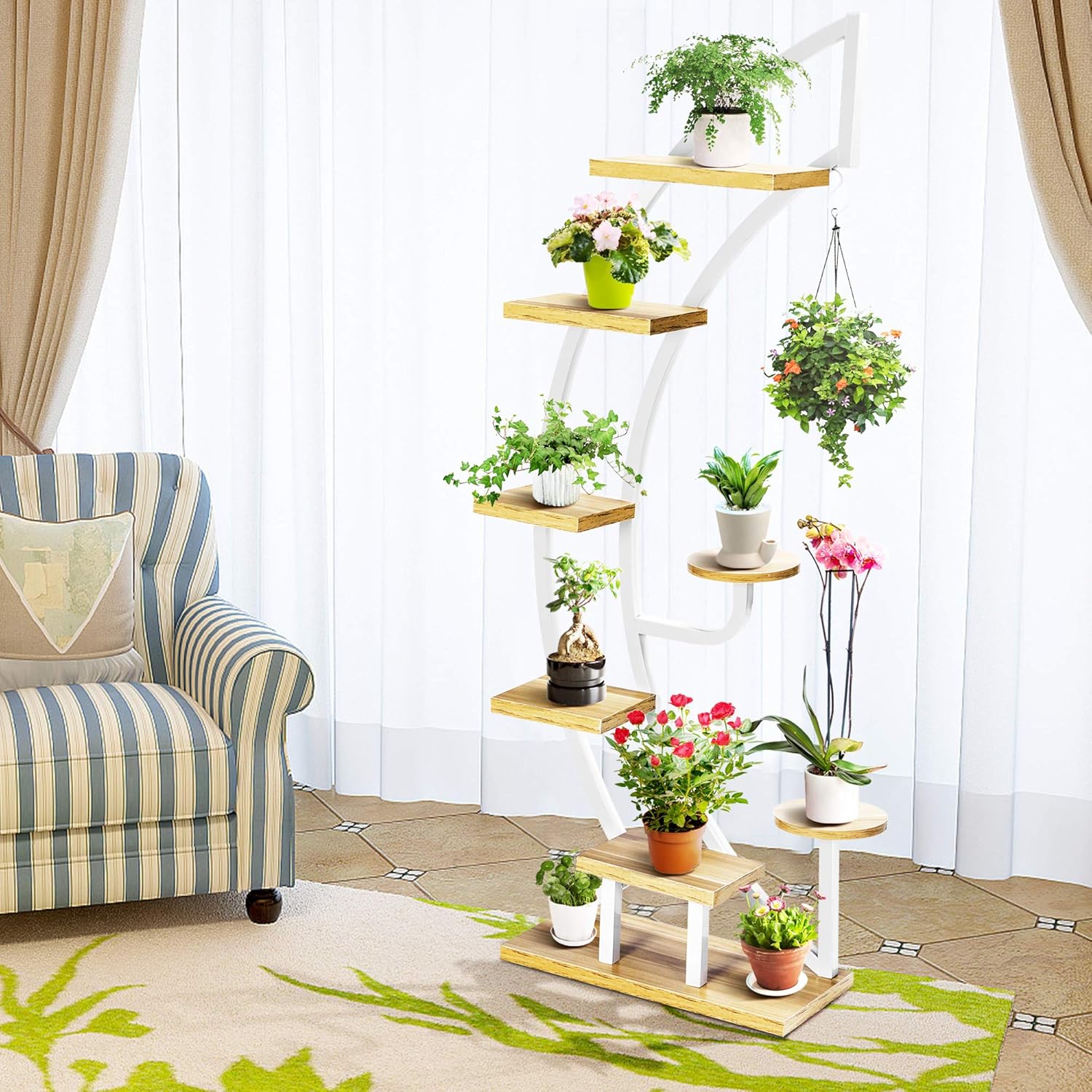 VIVOHOME 6 Tier 9 Potted Steel-Wood Plant Stand with Hanger, Curved Flower Pot Holder Shelf for Indoor Outdoor : Patio, Lawn & Garden