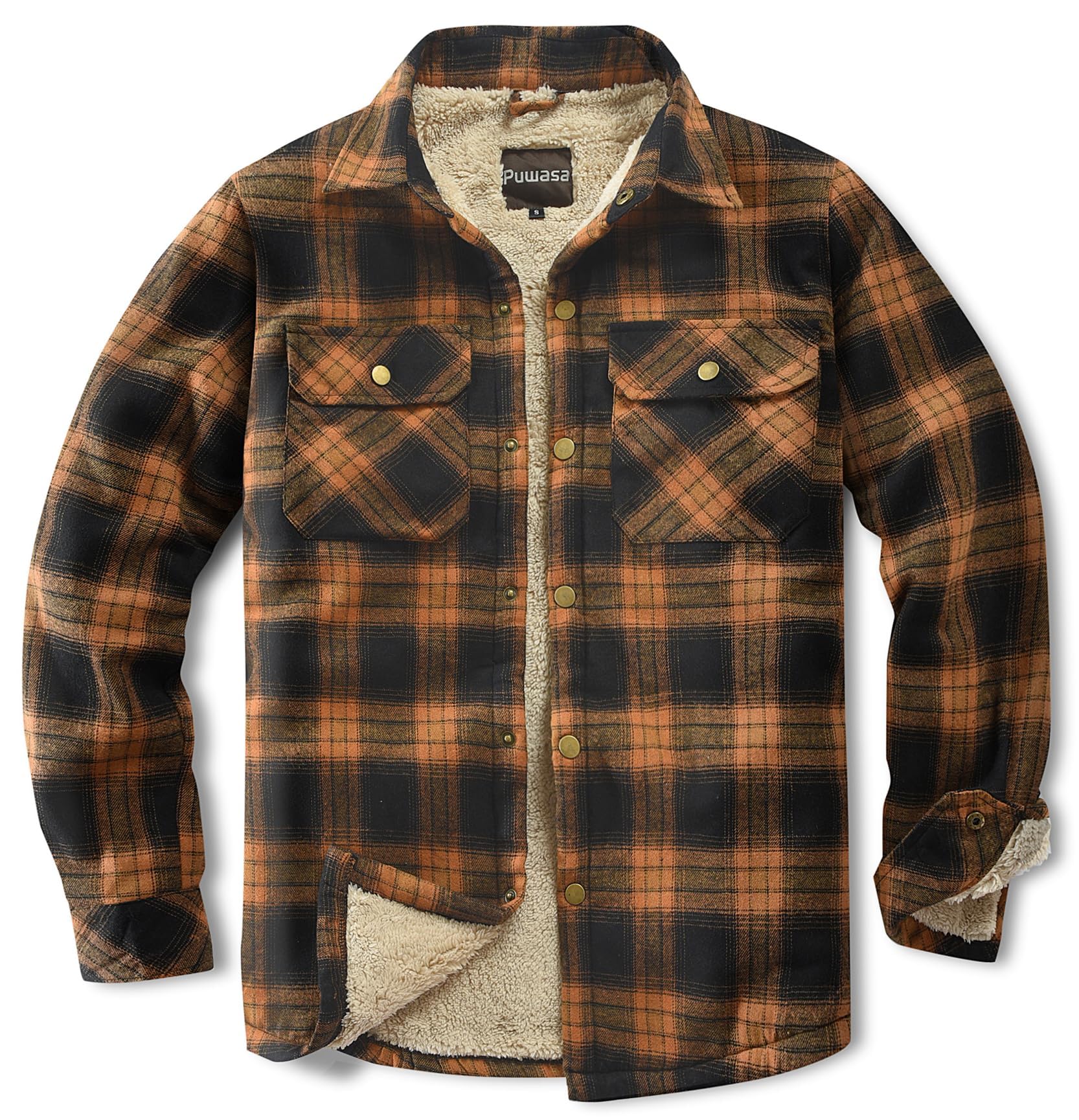 Men's Sherpa Cotton Flannel Shirt Jacket Plaid Button Coat Pocket