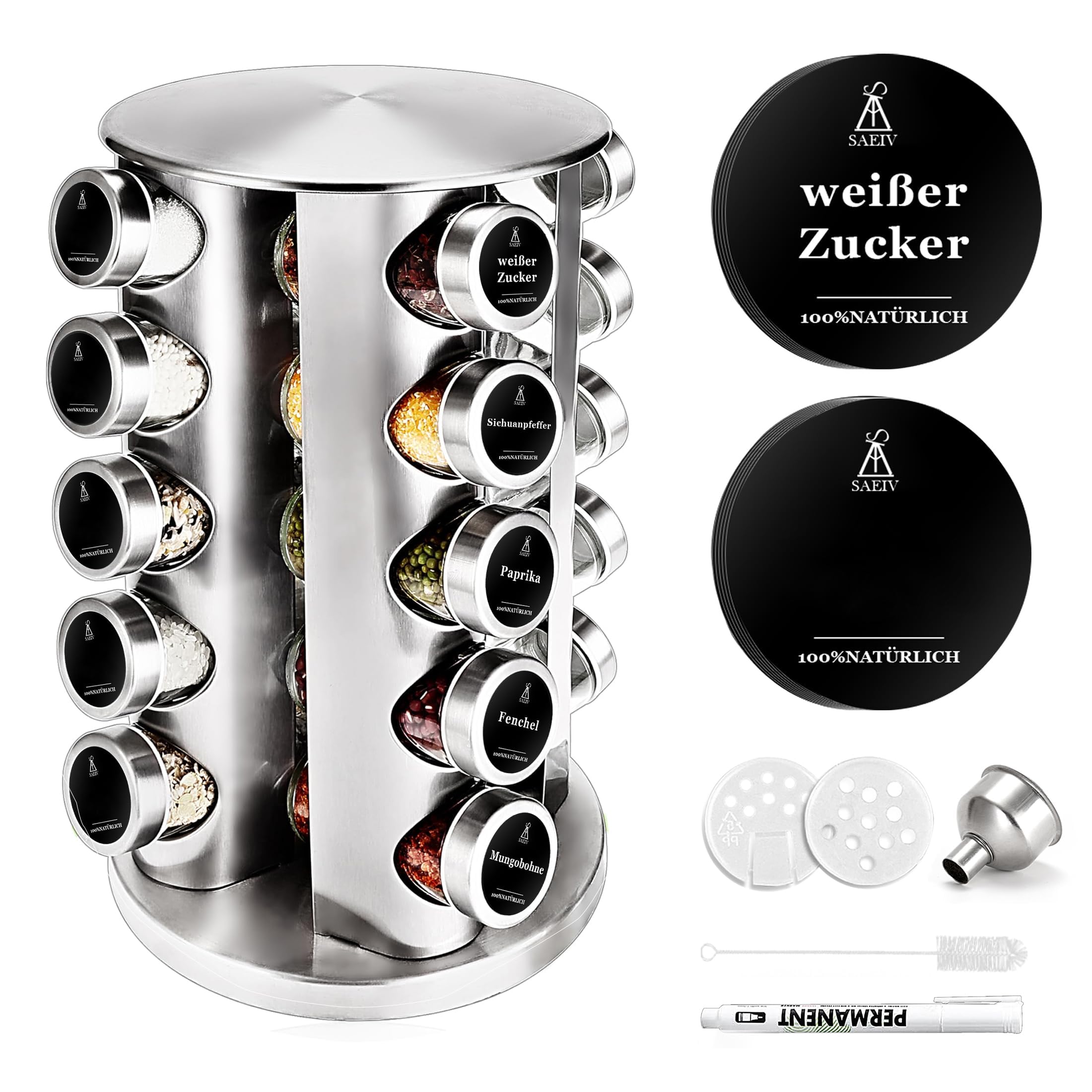 Carosello portaspezie girevole, rotondo, a 5 ripiani, in acciaio inox, con 20 barattoli rotondi per spezie German Black Labels, barattoli per spezie con mensola, portaspezie