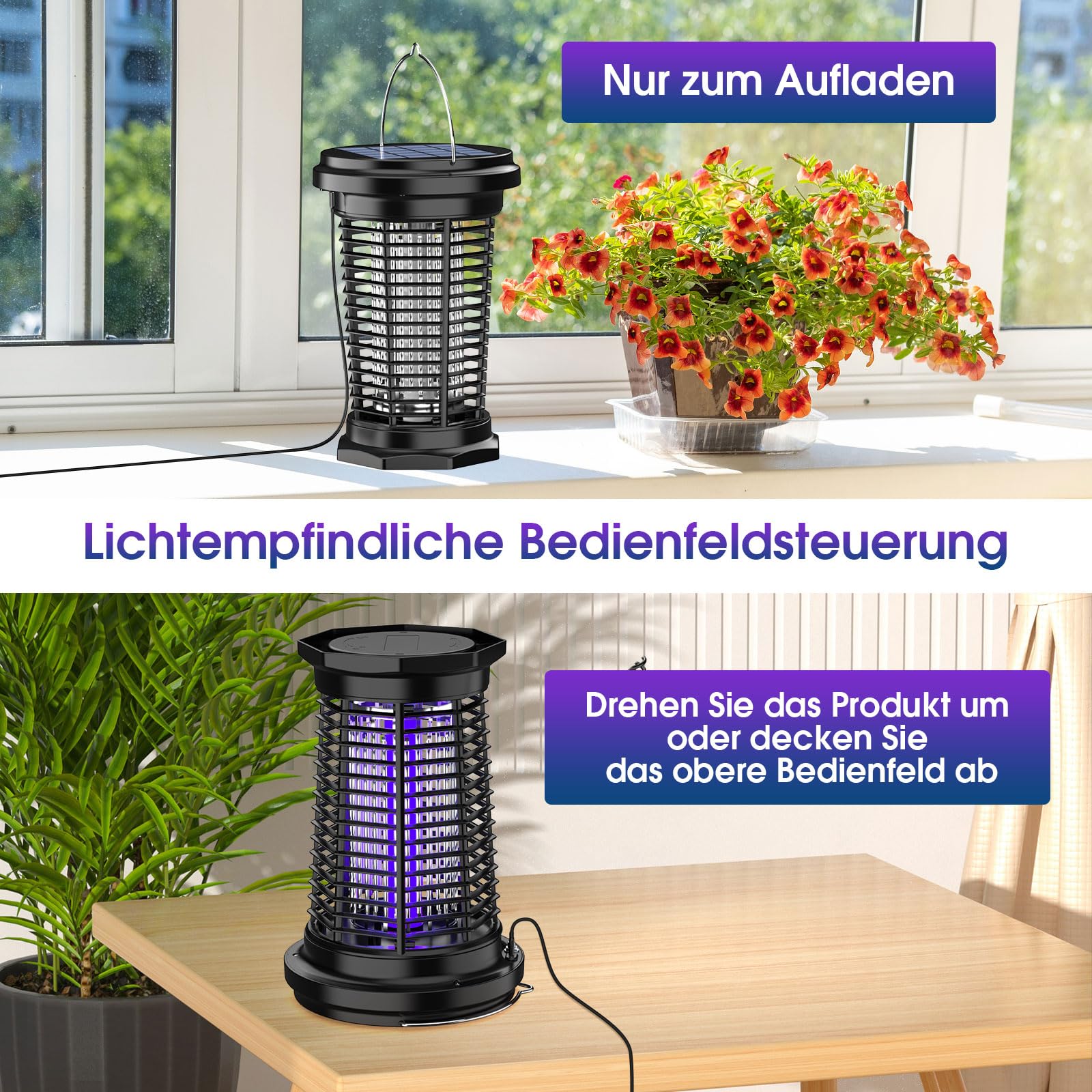 PALONE 4500V Hängbarer Insektenvernichter Elektrisch Solar, Ausgestattet mit Einem Einstellbaren 5,5W/5V-Solarpanel und Einem 3,5m Langen Kabel, Geeignet für den Innen, Garten und Outdoor-Aktivitäten | USB-C Mückenlampe mit Einem Einstellbaren 5,5W/5V-Sol