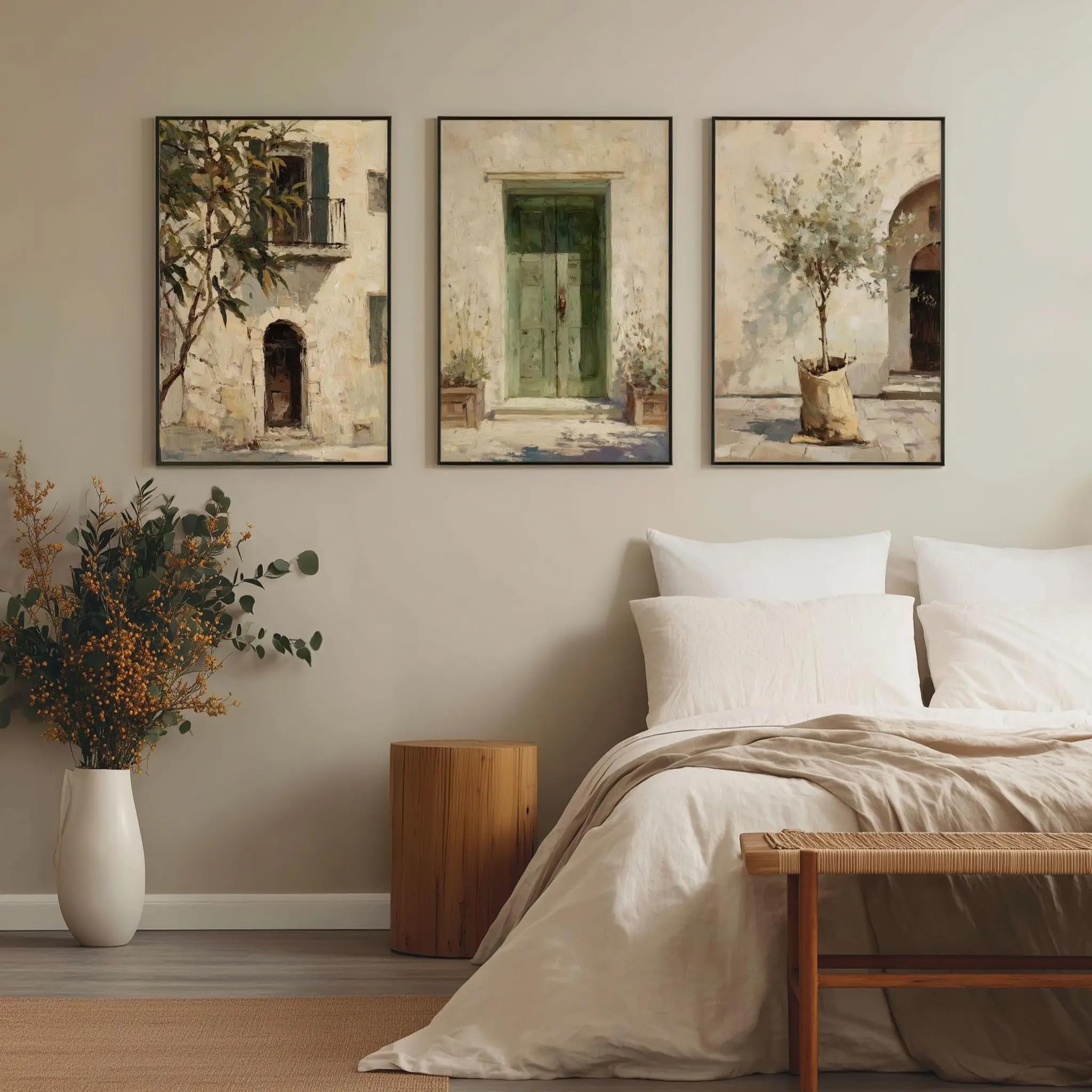 SDVIB Mediterranean Town Wall Art, Vintage Neutral European Architecture Canvas Prints, Rustic Boho Home Decor(60x80cm/3PCS Frameless)