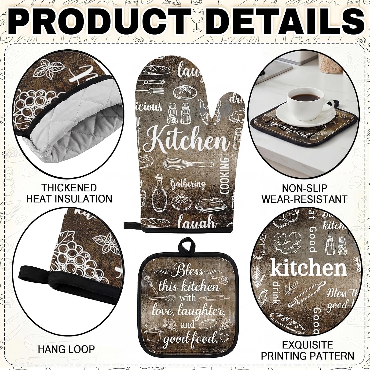 10 Pcs Gray Rustic Kitchen Decor and Accessories Set, Brown Vintage Grunge Kitchen Theme Kitchen Towels Rugs Oven Mitts and Pot Holders, Home Decor Gift for Baker Mom Women