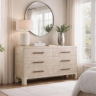 Dresser for Bedroom, 6 Drawer Wooden Dresser, Wide Wood Storage Chest, Bedroom Dresser with Metal Glide Drawers, Long Horizontal White Dresser, Modern Wood Dressers for Bedroom, Oak Burl Veneer Finish
