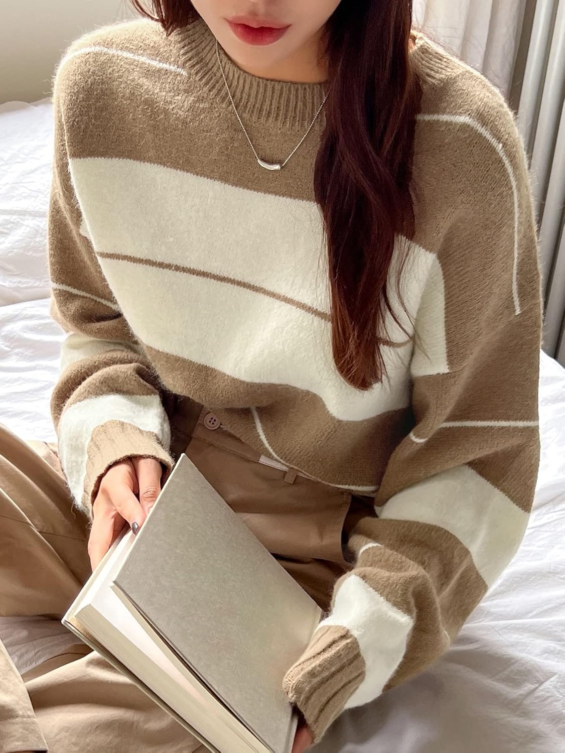 Women's Sweater Striped Pattern Two Tone Drop Shoulder Sweater Sweater for Women (Color : Khaki, Size : Medium)