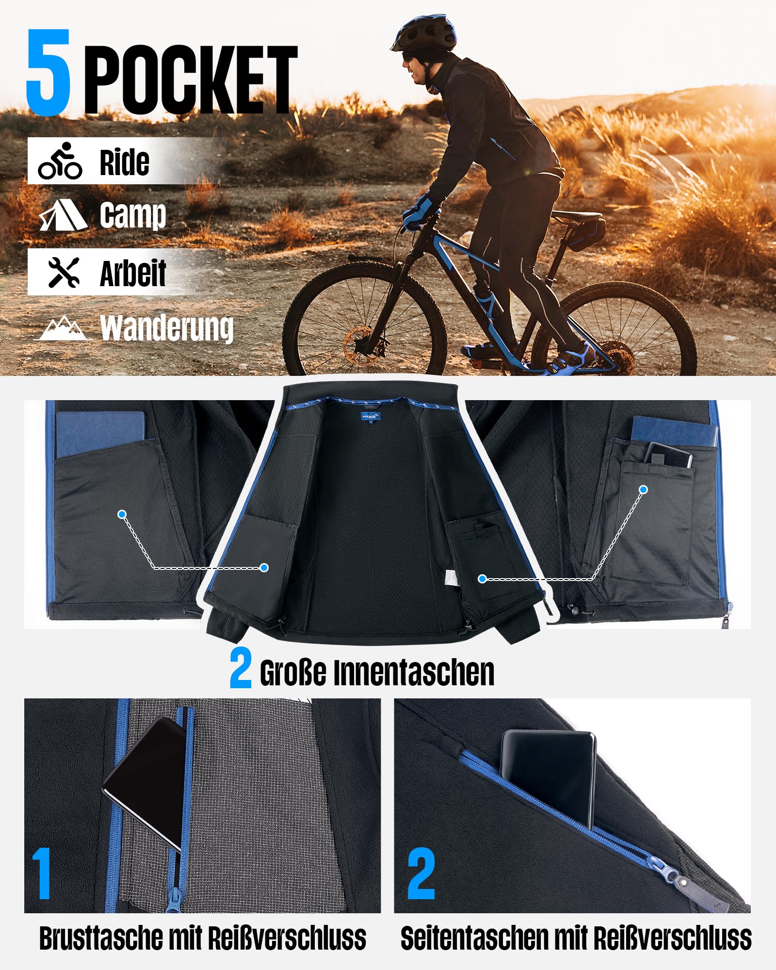 Scheibler Veste polaire coupe-vent pour homme - Veste de travail chaude - Col montant - Veste de transition avec 6 poches - Respirante - Veste de loisirs pour la randonnée et la course