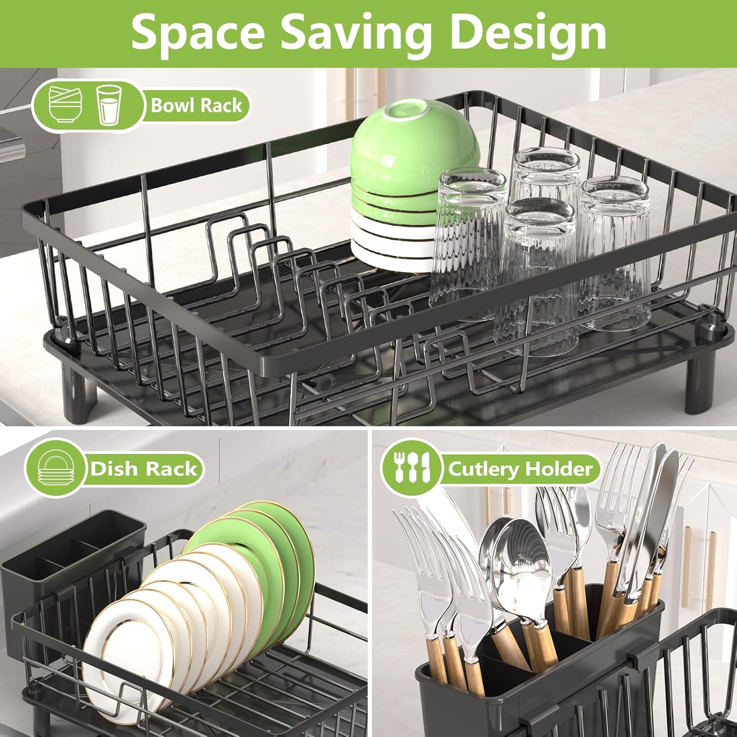 Dish Drying Rack for Kitchen Counter,Stainless Steel Drainers Rack with Detachable Cutlery Holder,Automatic Drainage System,Anti-Rust Dish Strainer Ideal for Families and Home