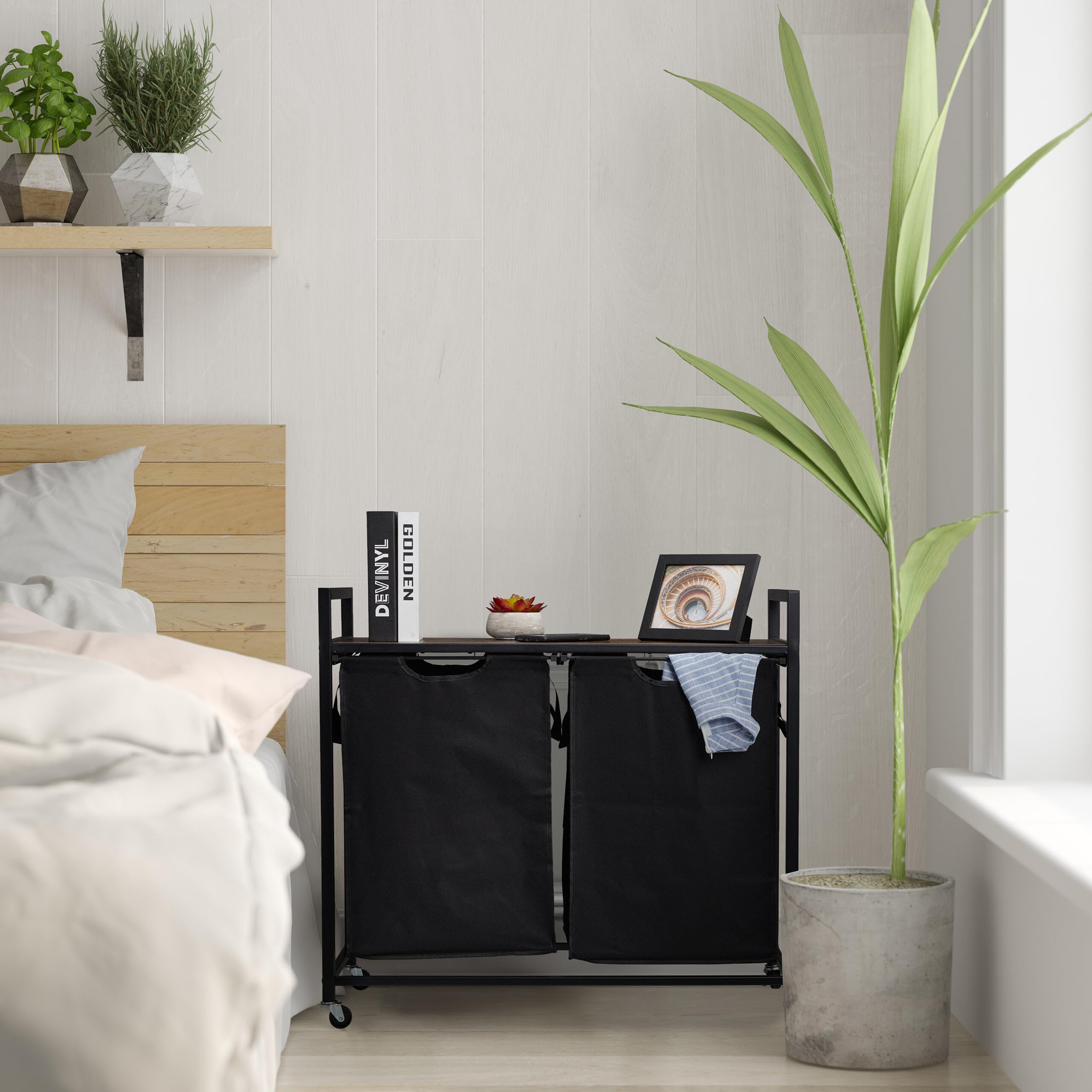 Relaxdays Mueble para Ropa Sucia, 2 Cestos Extraíbles, Estantería Colada con Ruedas, Diseño Industrial, Negro y Marrón