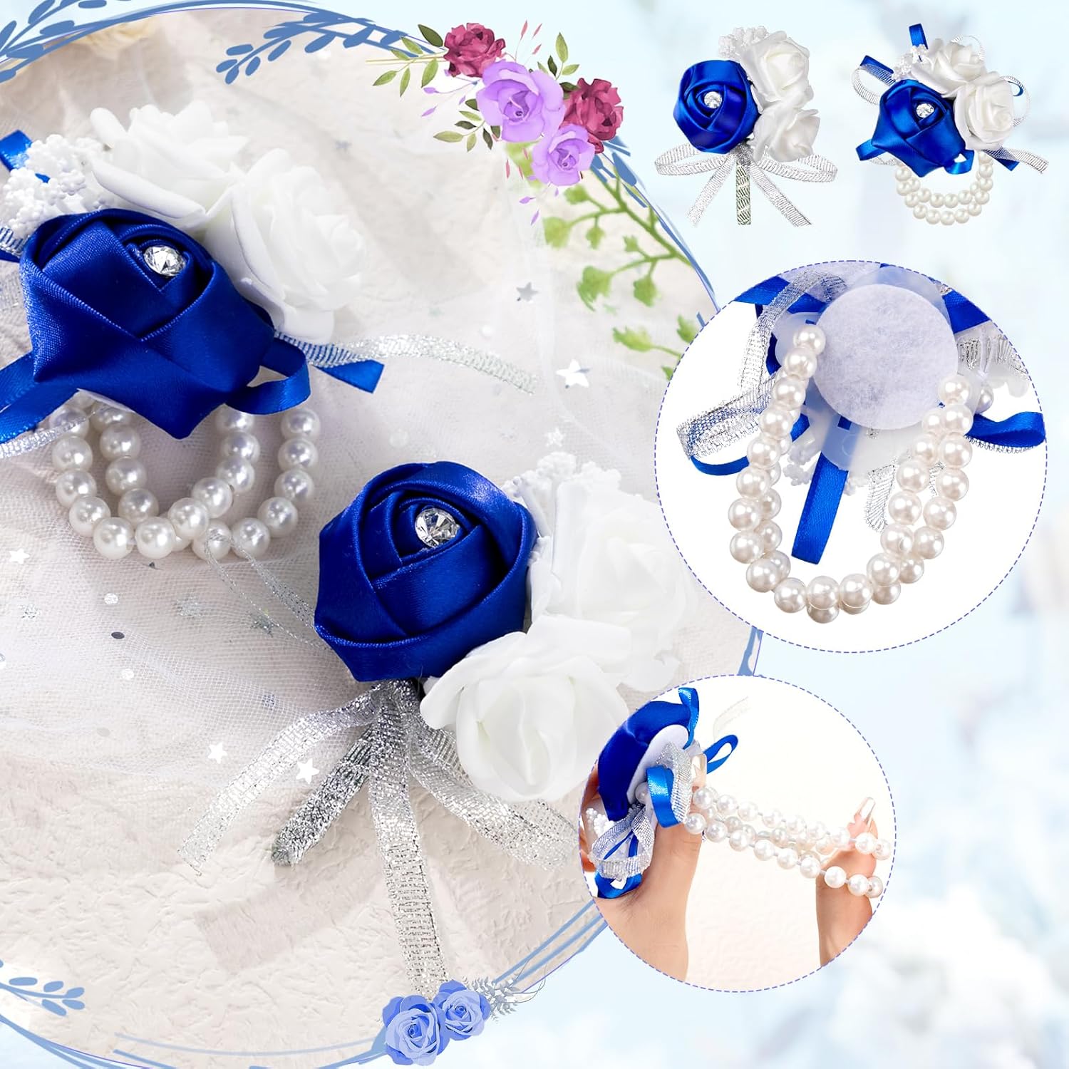 Zeyune 16 Pcs Royal Boutonniere for Men, Rose Corsage Wrist Prom Set for Women Bridal Bridesmaid, Flower for Wedding Ceremony Anniversary Party Homecoming Decor(Royal Blue) - Image 3