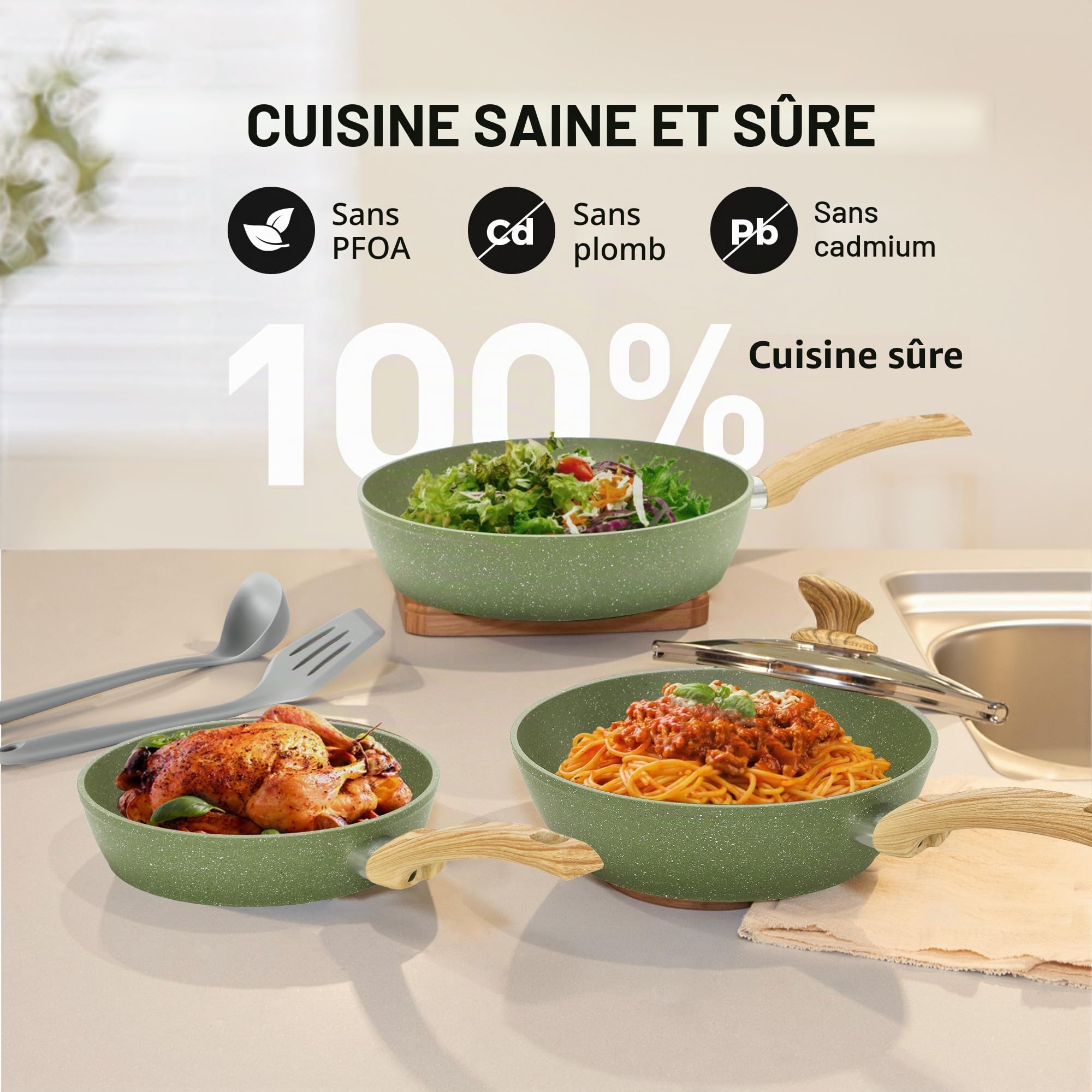 Kitchen Academy 12 Pièces Casseroles et Poêles Vert | Induction Revêtement Anti-adhésif avec Couvercle en Verre Set de Casserole et Poêle Batterie de Cuisine à Induction