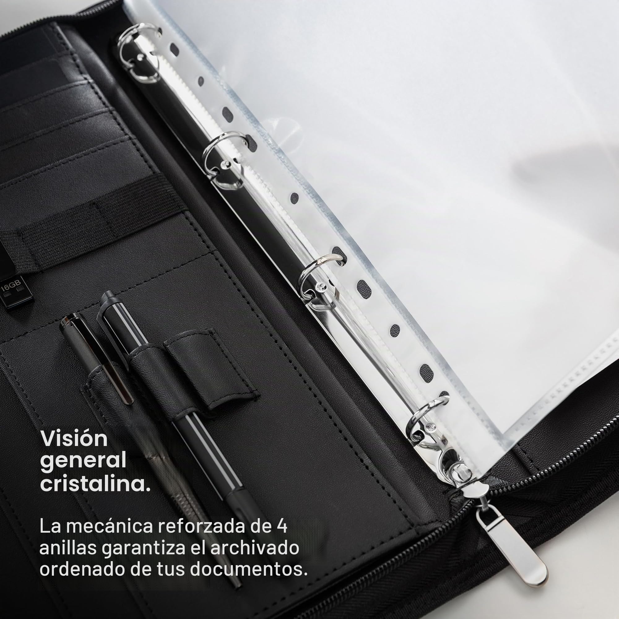 Vebon® Carpeta de anillas A4 'Berlin' con cremallera y portapapeles, funda para ordenador portátil, espacio extra, Negro, piel sintética, kirschrot