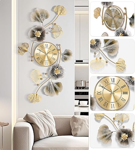 Miniatura 4 de Relojes de pared para decoración de sala de estar, reloj de pared grande, diseño creativo 3D de hoja de ginkgo de metal, con movimiento silencioso,