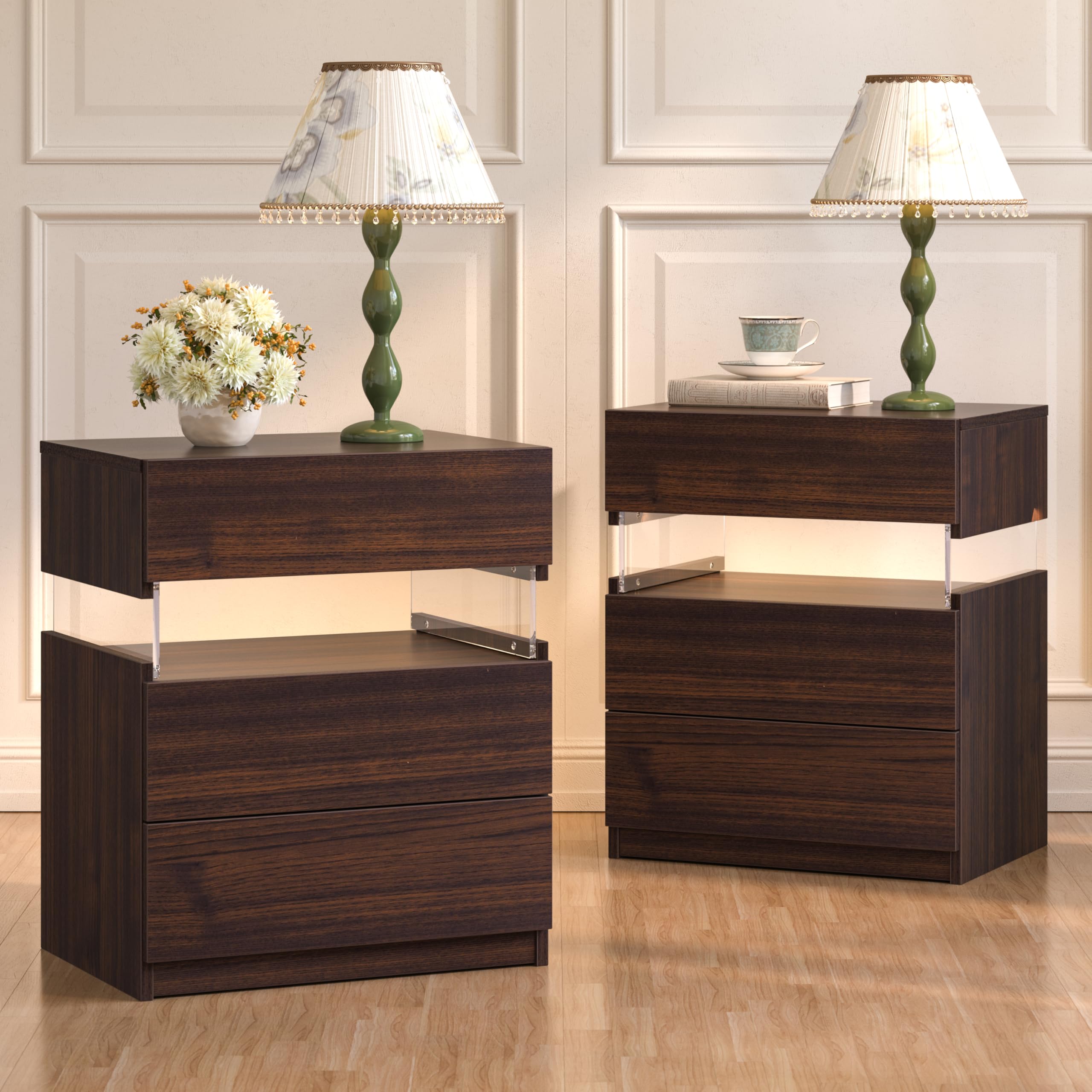 Cubehom LED Bedside Tables Set of 2, Walnut Wooden Nightstands with 3 Drawers, Modern LED Bedside Cabinets for Bedroom Storage