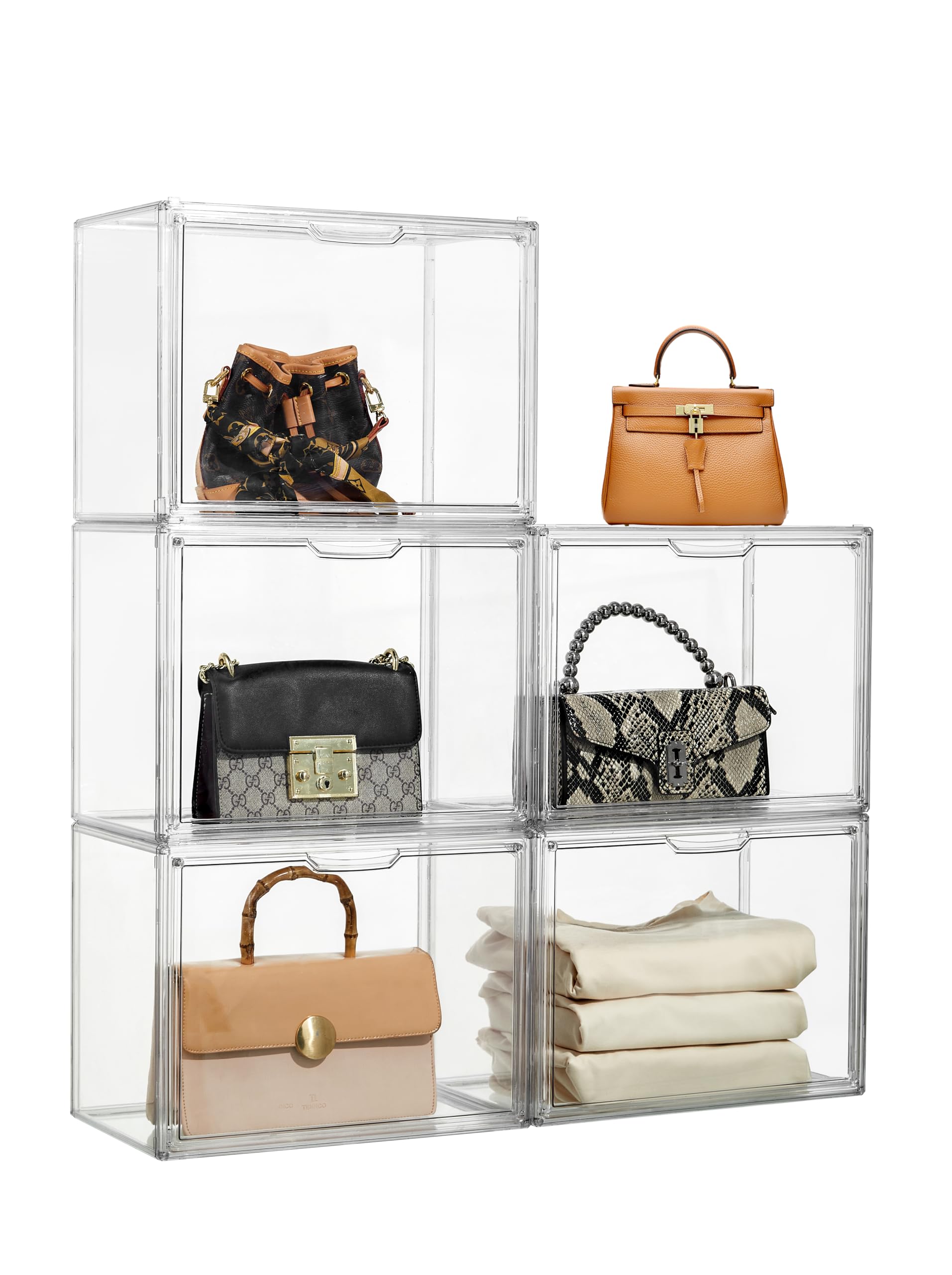 ZLLZUU Purse Organizer for Closet, 5 Pack Clear Acrylic Display Case for Purse Handbag Storage, Stackable Purse Storage Boxes with Magnetic Door for Collectibles, Wallet, Cosmetic